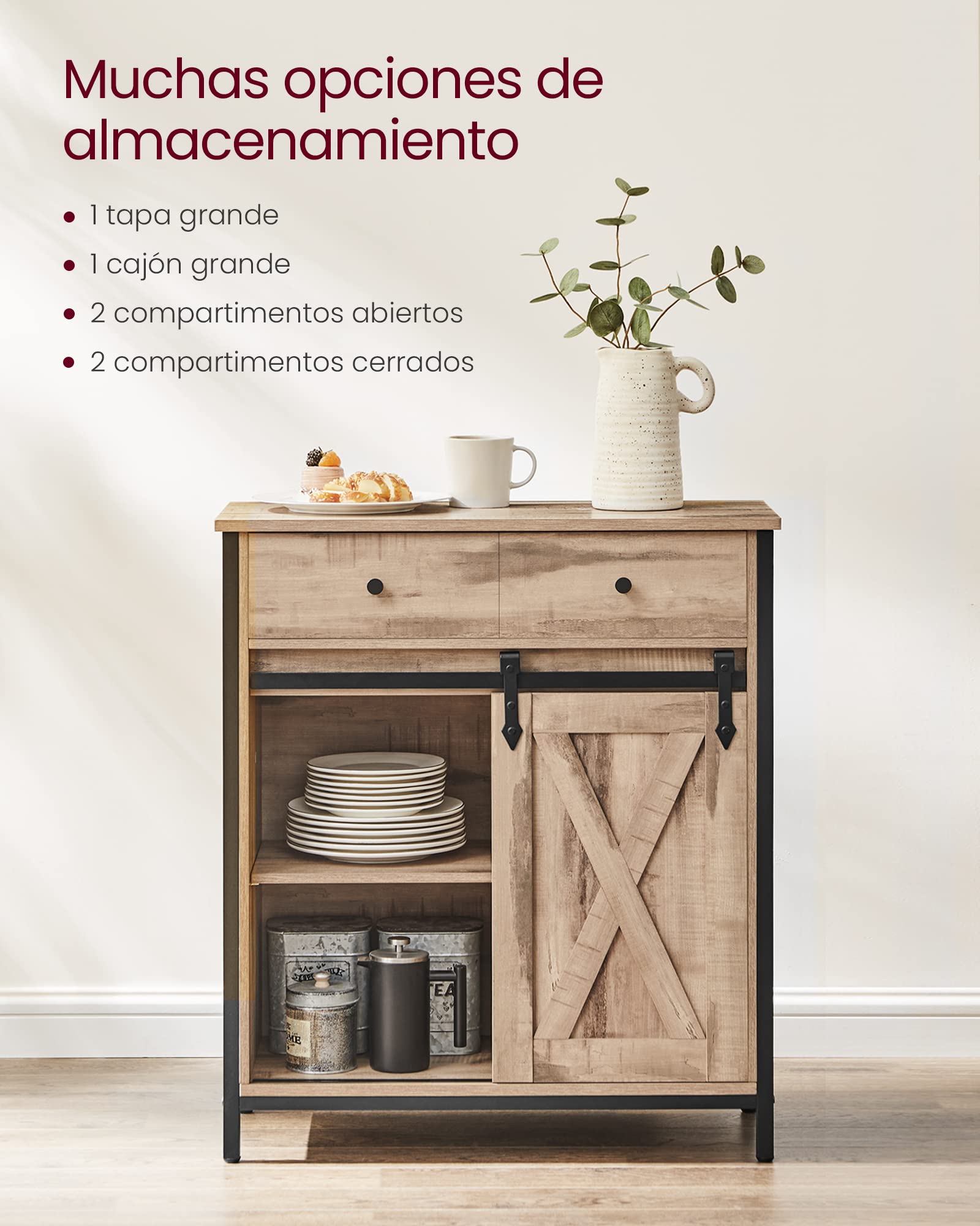 VASAGLE Mueble de Almacenamiento, Aparador, Armario de Cocina, con Puerta Corredera, 30 x 70 x 80 cm, Estante Ajustable, Estilo Rústico, para Sala de Estar, Marrón Roble y Negro LSC100B50 | VASAGLE Armario de almacenamiento, aparador, 30 x 70 x 80 cm, col