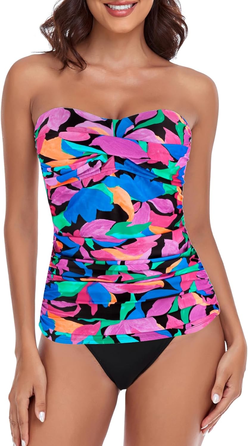 RELLECIGA Women’s Ruched Tankini Sets Tummy Control Two Pieces Bathing Suit Bandeau Tankini with Cheeky Swimsuit Bottom