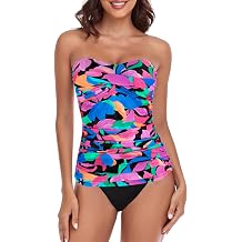 RELLECIGA Womens Ruched Tankini Sets Tummy Control Two Pieces Bathing Suit Bandeau Tankini with Cheeky Swimsuit Bottom