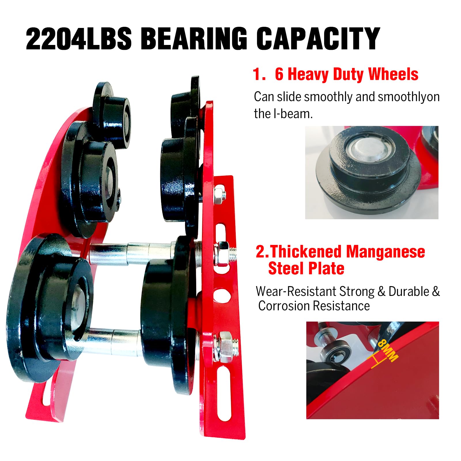 Carrello manuale per I-Beam 997,9 kg con 6 ruote resistenti, con innesti a spinta per paranco elettrico PA200 a PA1000, flangia regolabile da 6,8 cm a 11 cm per sollevamento, capacità di carico di 1