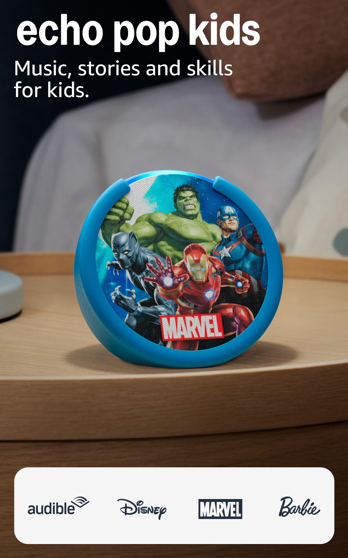 Amazon Echo Pop Kids (newest model), Enjoy age-appropriate audiobooks, sleep routines and Alexa+ experiences to create and learn, Marvel's Avengers design