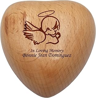 Heart Wooden Cremation Urn Keepsake Small Size with Custom Engraving (Praying Angel)