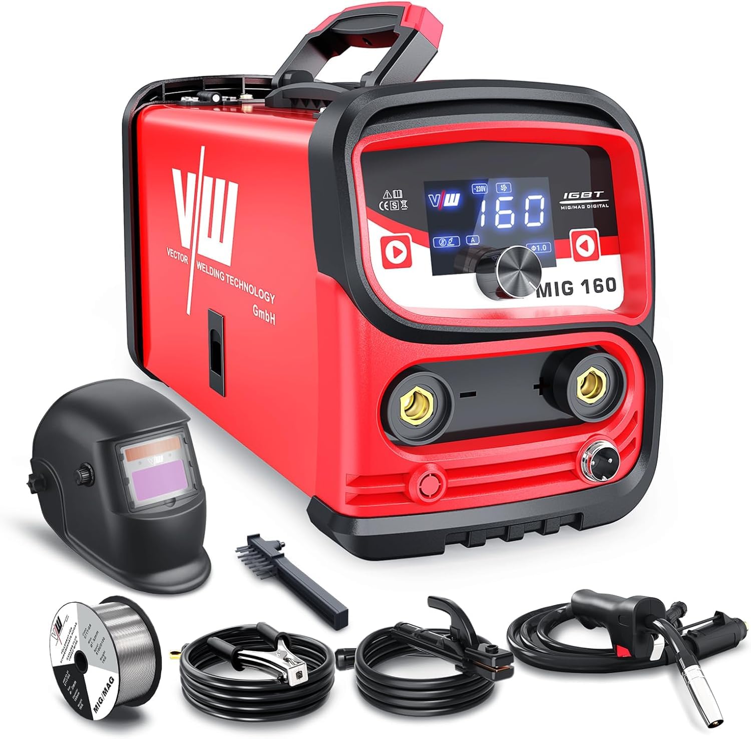 VECTOR WELDING 160A Gas Free Continuous Wire Welder, Portable Mig Mag Welder with LED Display, MIG/MMA Gas Free Wire Welder for Beginners, IGBT MIG 160A Set