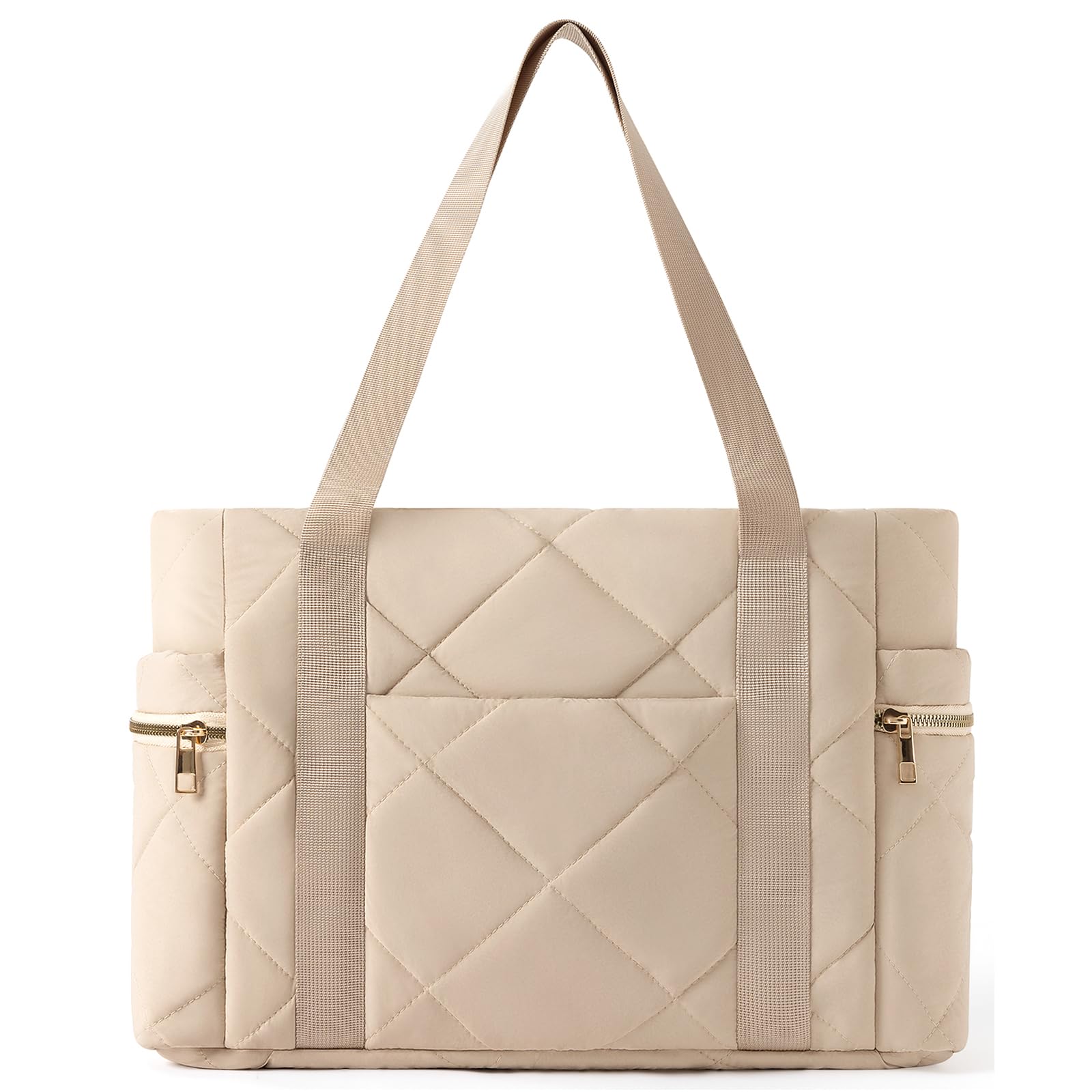 WOVTATOO Tote bag for Women Puffer Shoulder Bag with Zipper Travel Quilted Nurse Bag Carry On Laptop Bag for Travel Work, Beige