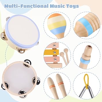 MGparty Montessori Xylophone Musical Instruments, Ages 18 Months and Up | Wooden Music Set with Xylophone, Tambourine, Triangle, Clarinet, Maracas, Hand Bells and Sounder for Ages 18 Months and Up