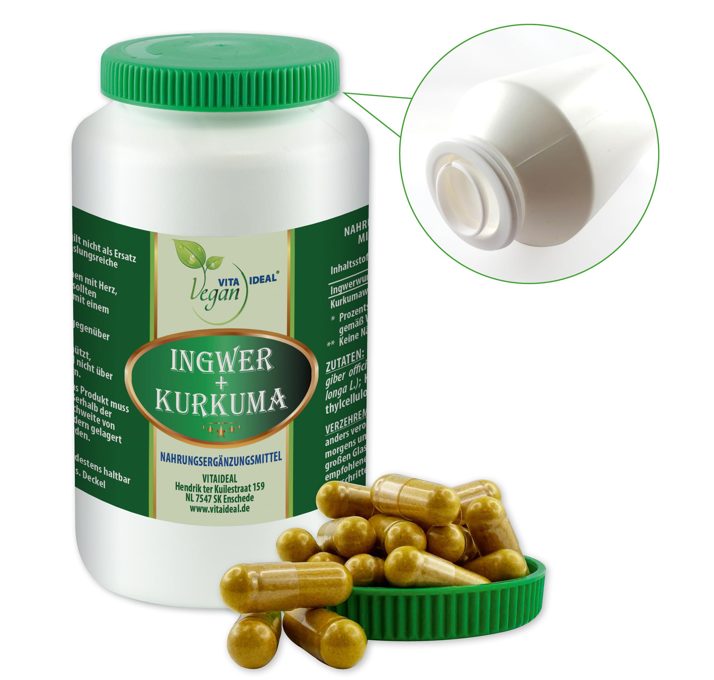 VITA IDEAL Vegan® INGWER + KURKUMA - Wurzel 4x 360 KAPSELN - Zingiber officinale Curcuma longa L - Tagesportion 980mg, Ingwer + Kurkuma Wurzel reines Pulver. Natürlich, pflanzlich & ohne Zusatzstoffe.