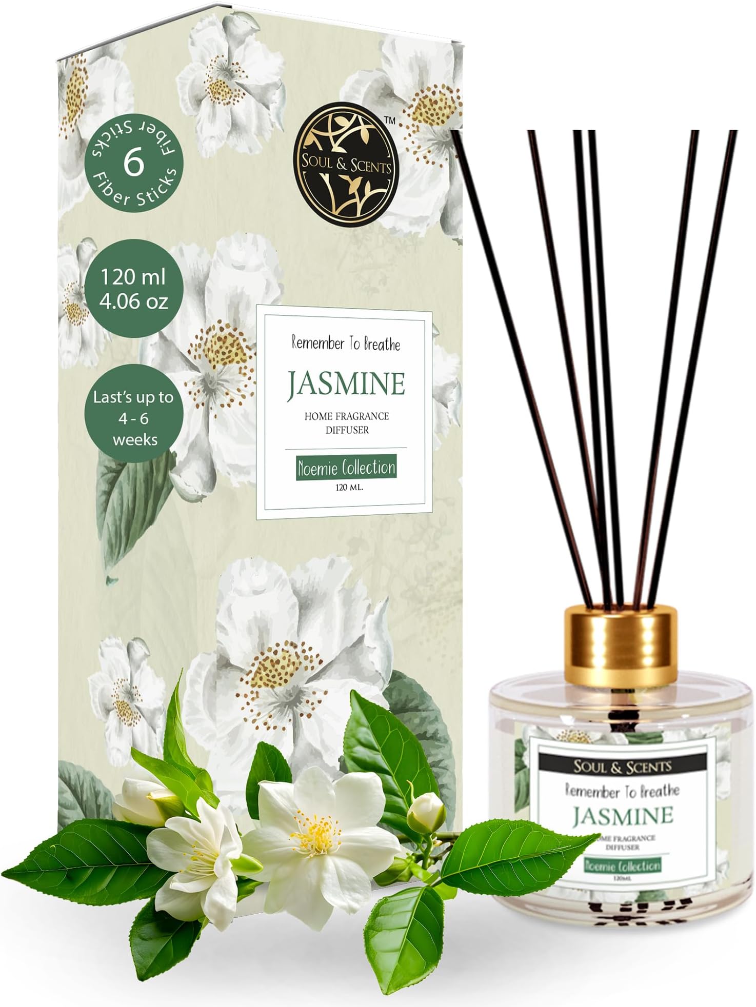 Soul & Scents Jasmine Reed Diffuser Set | Free 6 Fiber Reed Sticks |Toxin Free & Stress Relief | Fine-Living Natural Fragrance, 120 ml (Pack of 1, Tranparent)