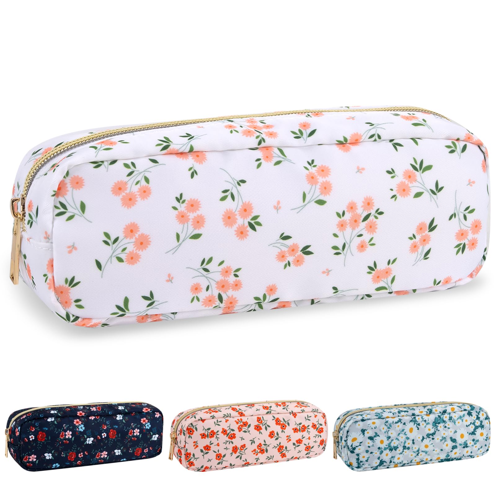 izuzta Nylon Small Floral Makeup Bag Slim Pouch, Preppy Cute Makeup Brush Case Bag Cosmetic Zipper Pouch Purse, Waterproof Travel Toiletry Bag Coin Pouch Make Up Organizer Women Girls(White-Floral)