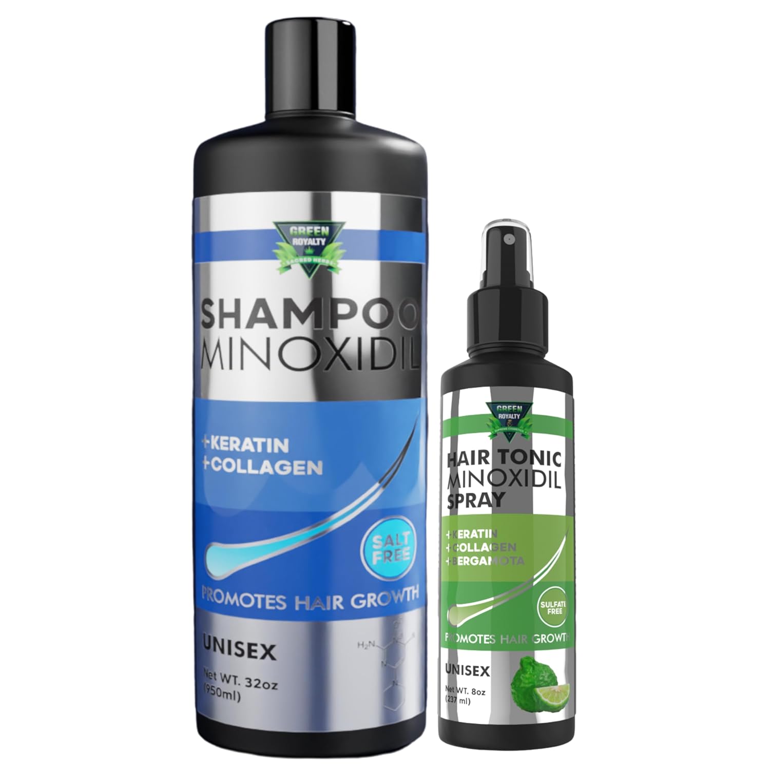Minoxidil Shampoo 32 oz + Hair Tonic Minoxidil 5% Spray 8 oz | With Keratin, Collagen & Bergamot | Sulfate-Free | UNISEX