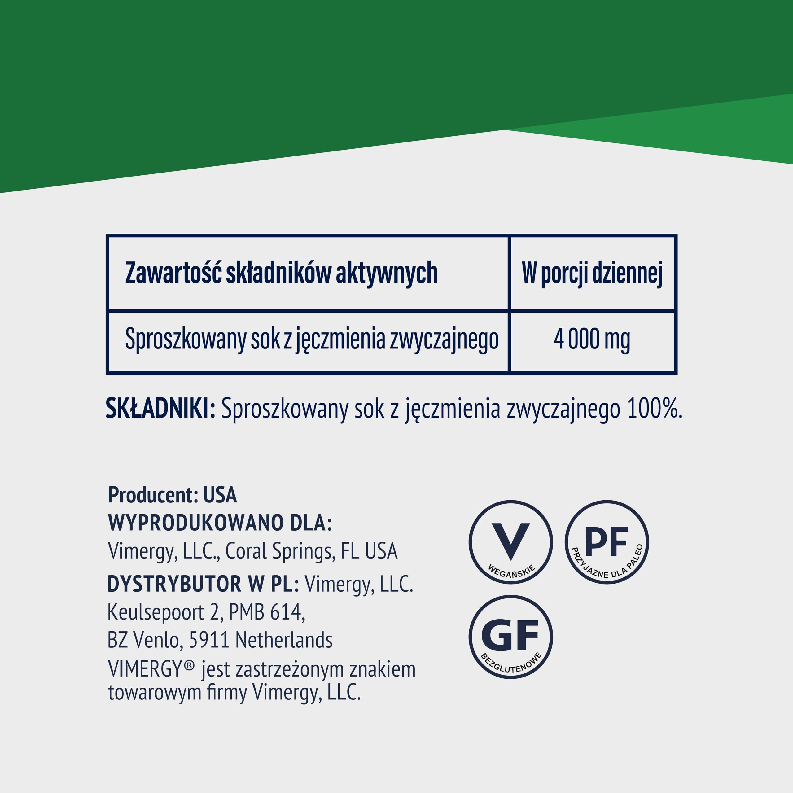 Vimergy Sok z Trawy Jęczmiennej w Proszku, 125 Porcji – Sok z Trawy Jęczmiennej Super Greens – Wegański Suplement – Bez Antyzbrylaczy, Wypełniaczy, Aromatów i Cukru – Bez GMO i Bezglutenowy (500 g)