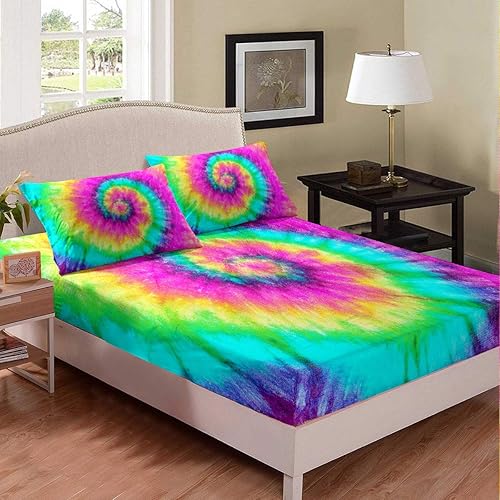 Sábana bajera ajustable para niños, diseño psicodélico de arco iris, espiral, naranja, azul, rosa, diseño de arte psicodélico, bohemio, hippie,