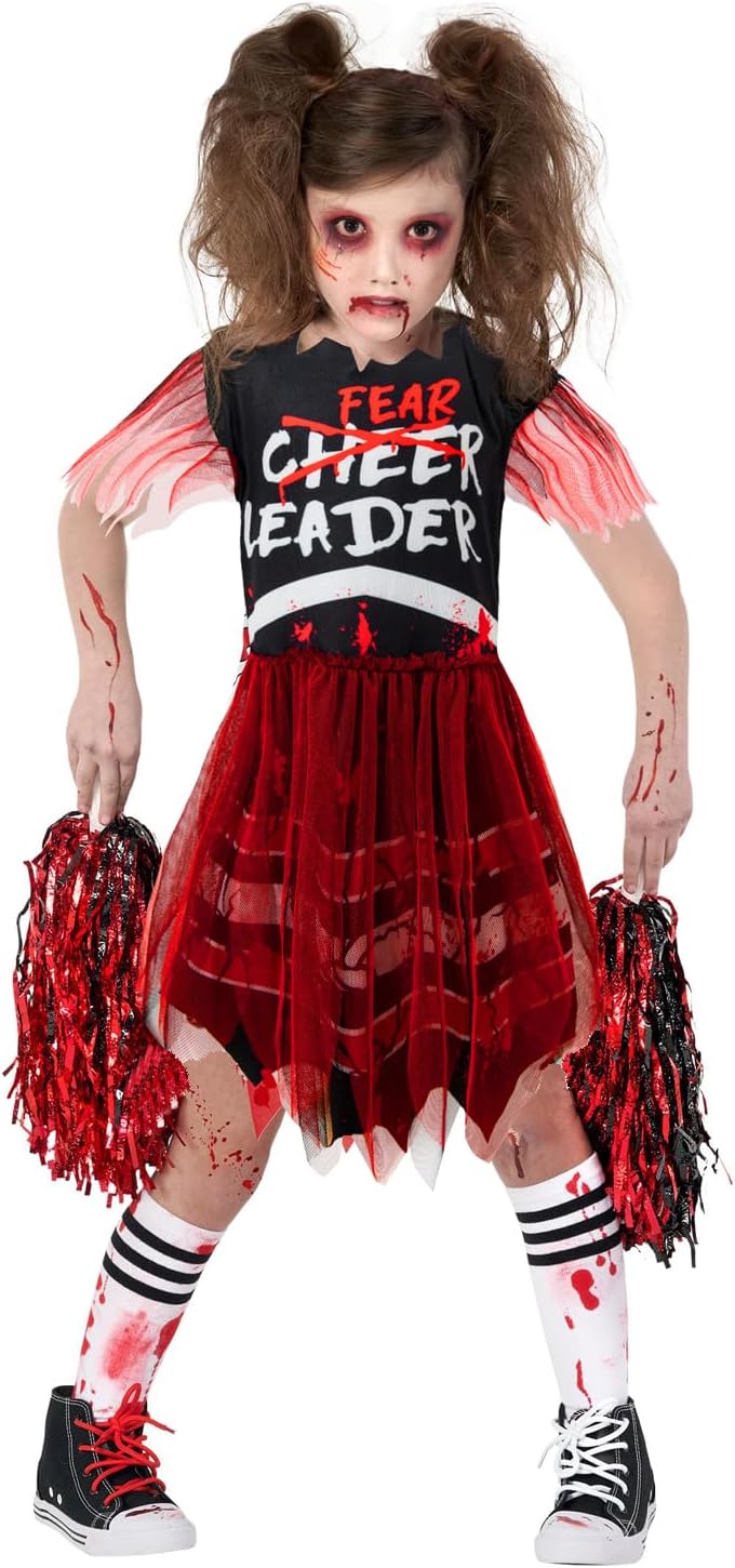 MOMMY'S NEW MAN Girl Scary Bloody Cheerleader Costume Black Red Zombie Cheerleader Costume Cosplay Fearsome Skirt Red 11-12 Years