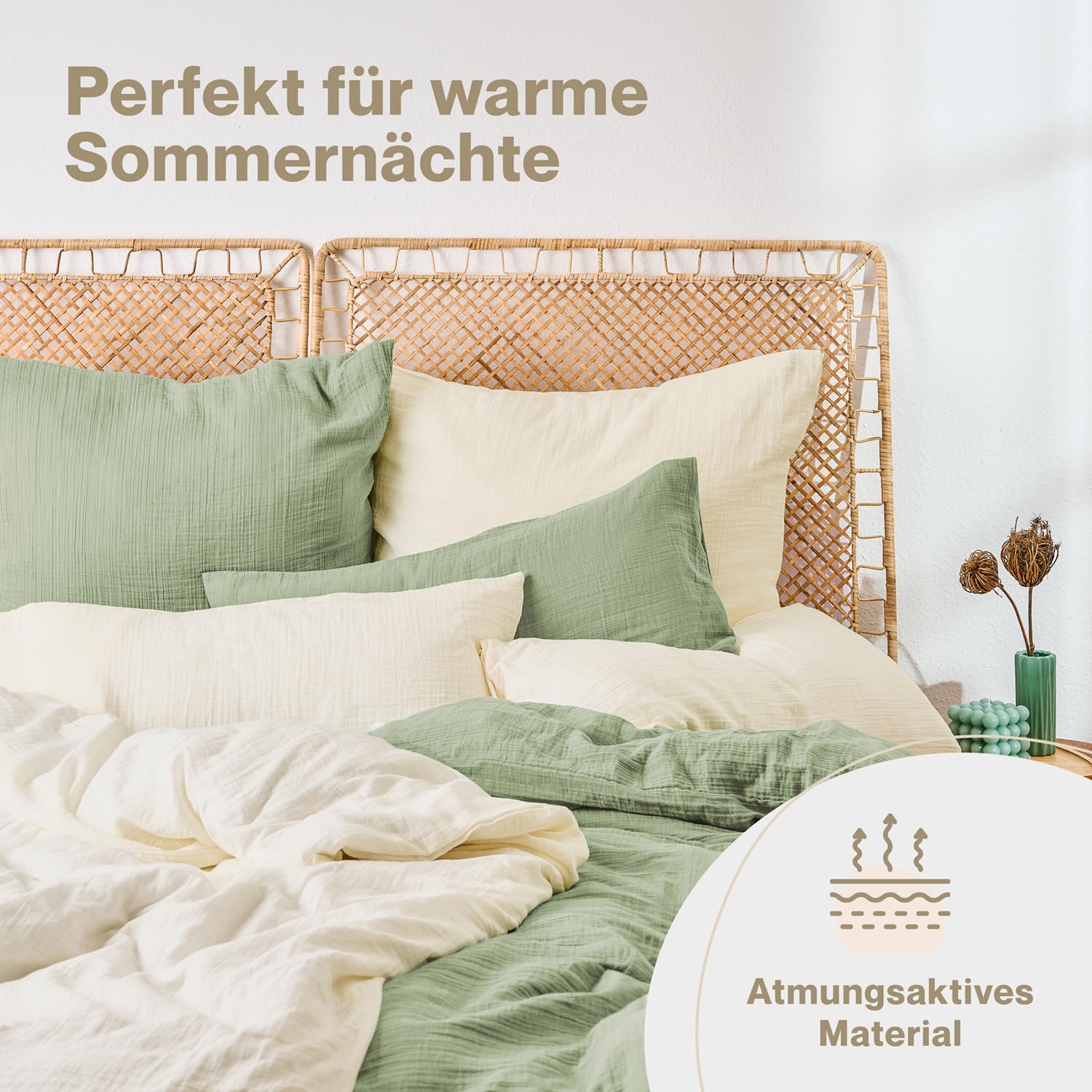 Blumtal Musselin Bettwäsche 135x200 cm + 80x80 cm - Oeko-TEX zert. Bettwäsche 135x200 Musselin aus 100% Baumwolle - extra weiches Bettwäsche-Set waschbar bei 40 °C - Sommerbettwäsche Grün