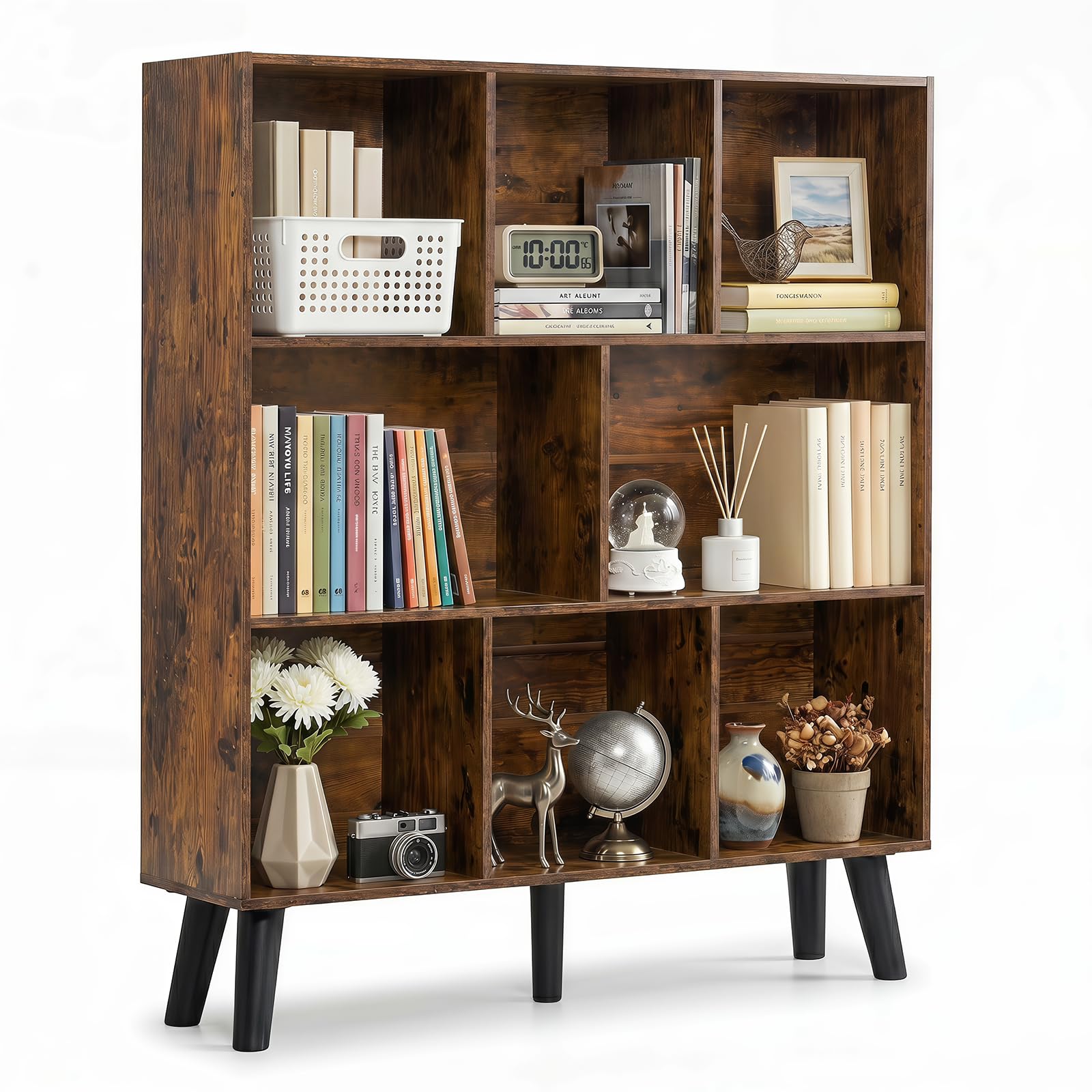 YAHARBO 10 Cube Brown Bookshelf,3 Tier Book Shelf with Legs,Modern Minimalist Bookcase,Open Book Shelves Storage Organizer,Frees Standing Wooden Display Bookcases for Small Space,Bedroom,Living Room
