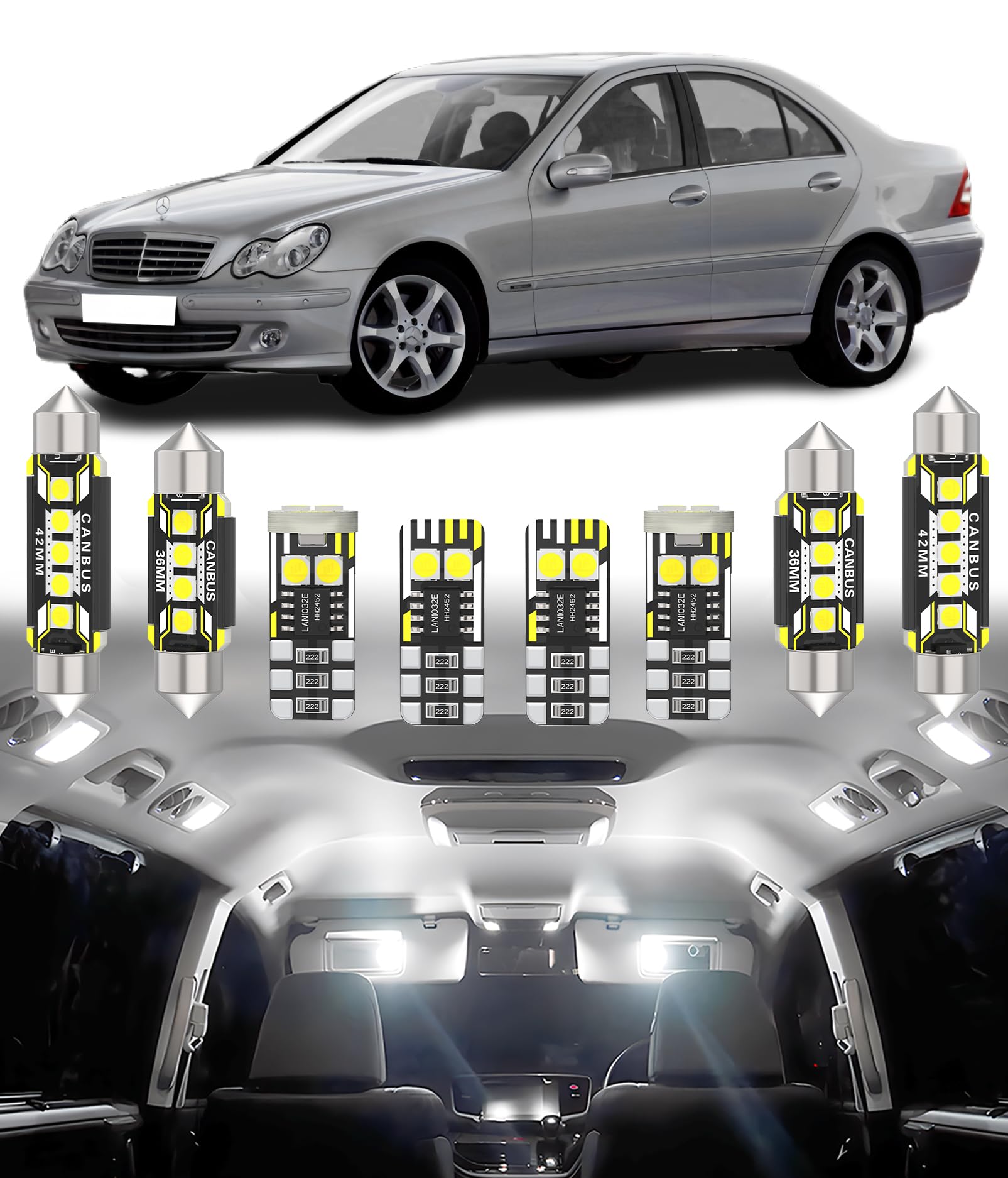 Kit de luces LED interior Mercedes Benz C W203 S203 Wagon 2000-2007 blanco 6000K 15 piezas 7