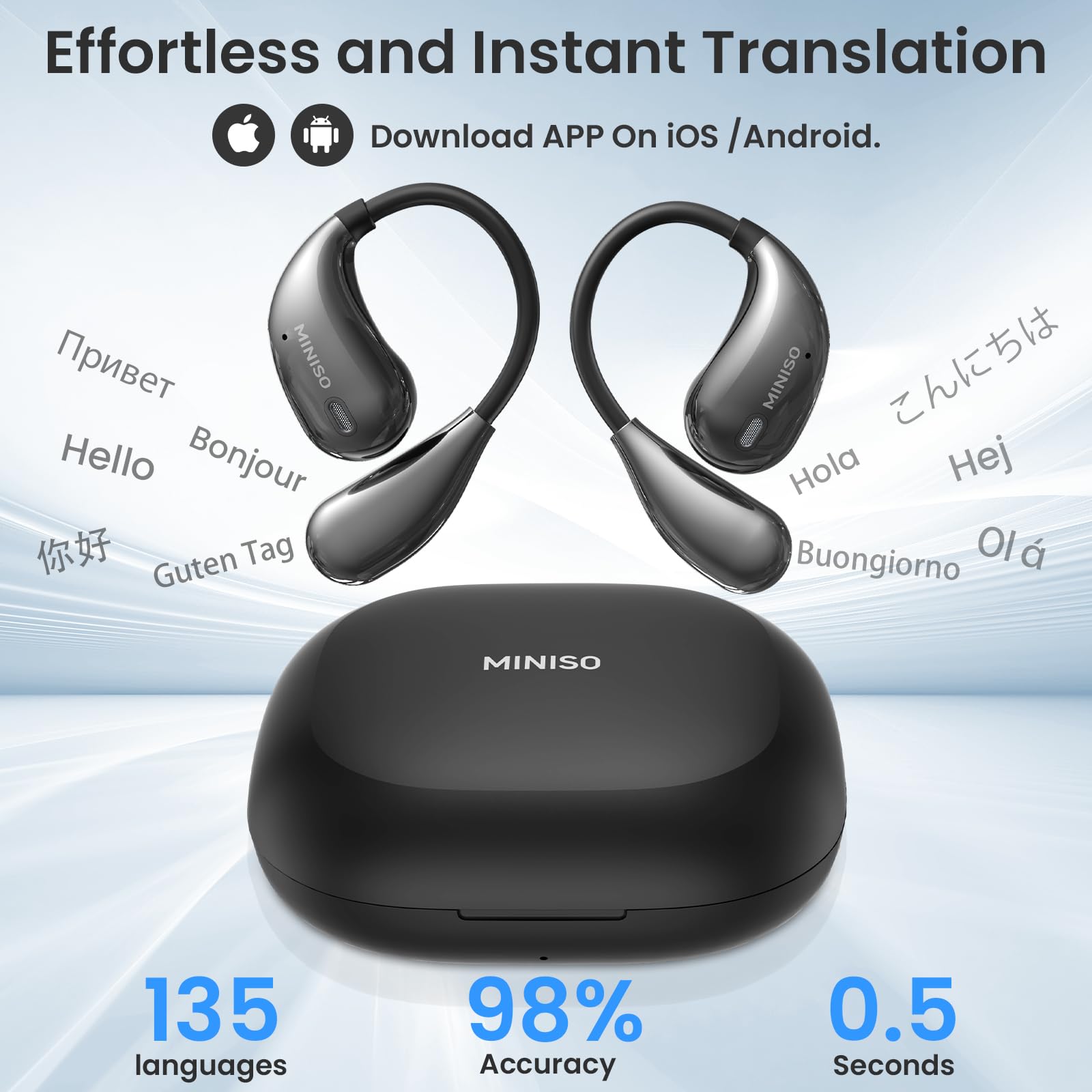 MINISO X33 AI Translation Earbuds Real Time OWS Wireless Bluetooth Earphones 135 Language Translator Earbuds Open Ear translating Headphones fit iOS & Android for Travel Business Learning