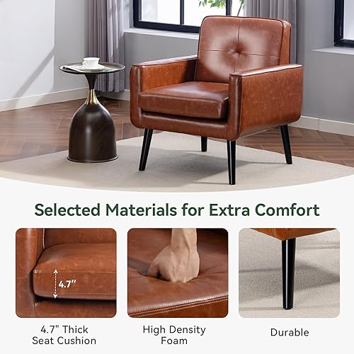 Miniatura 9 de Silla decorativa de mediados de siglo, silla moderna de piel sintética con marco de madera, acogedora silla de lectura con respaldo cómodo para