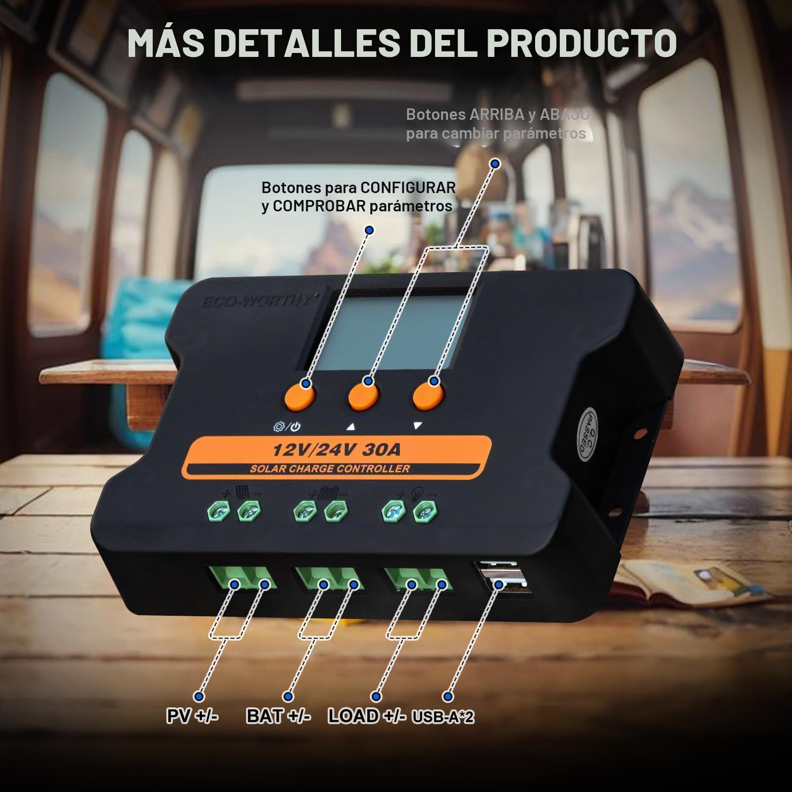 ECO-WORTHY Regulador de carga solar PWM 30A, 12V/24V, controlador con puerto USB dual 5V y pantalla LCD para baterías FLD, LFP