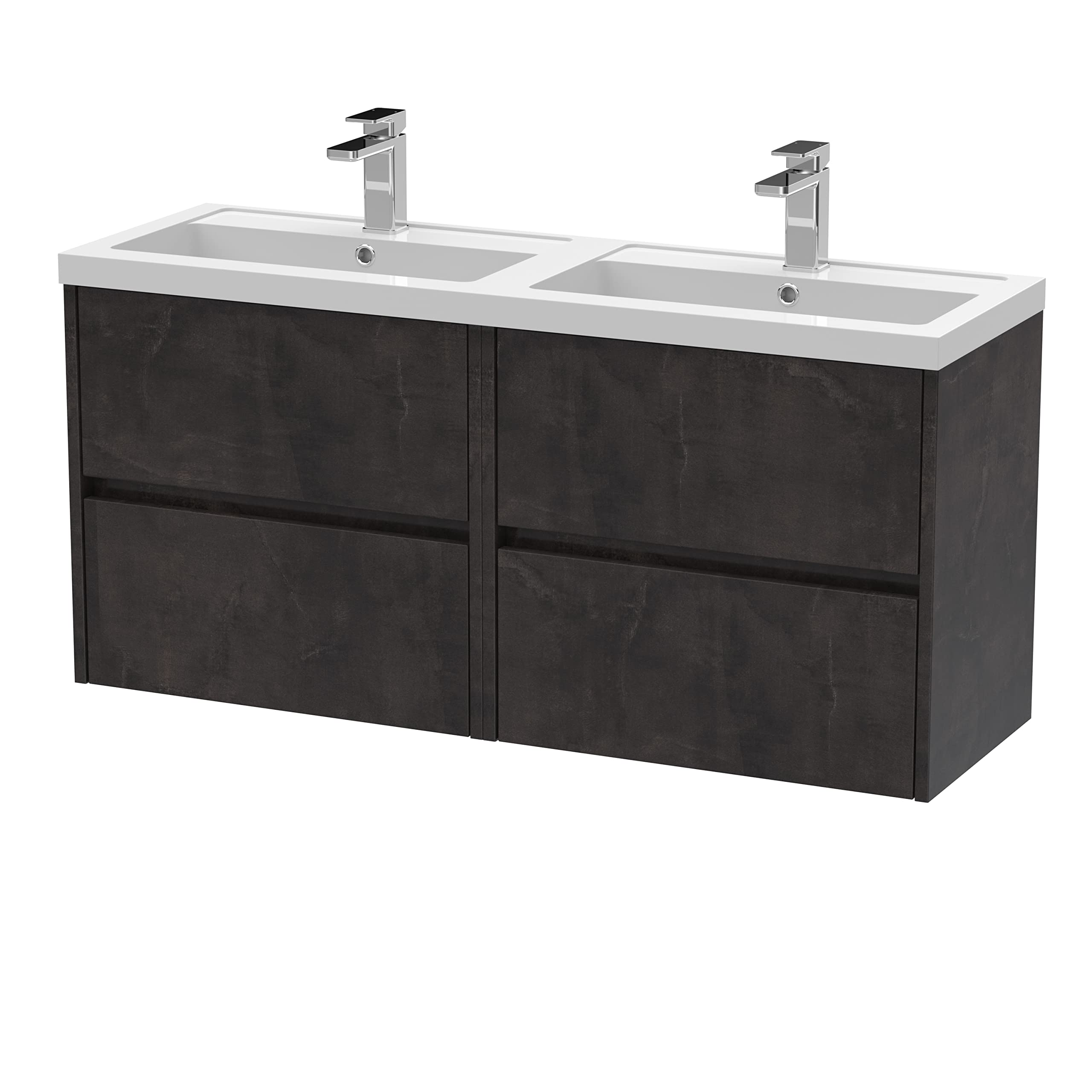 Hudson ReedHAV2604C Havana Modern Bathroom Wall Hung 4 Drawer Vanity Basin Unit & Double Polymarble Basin, 1200mm, Matt Metallic Slate