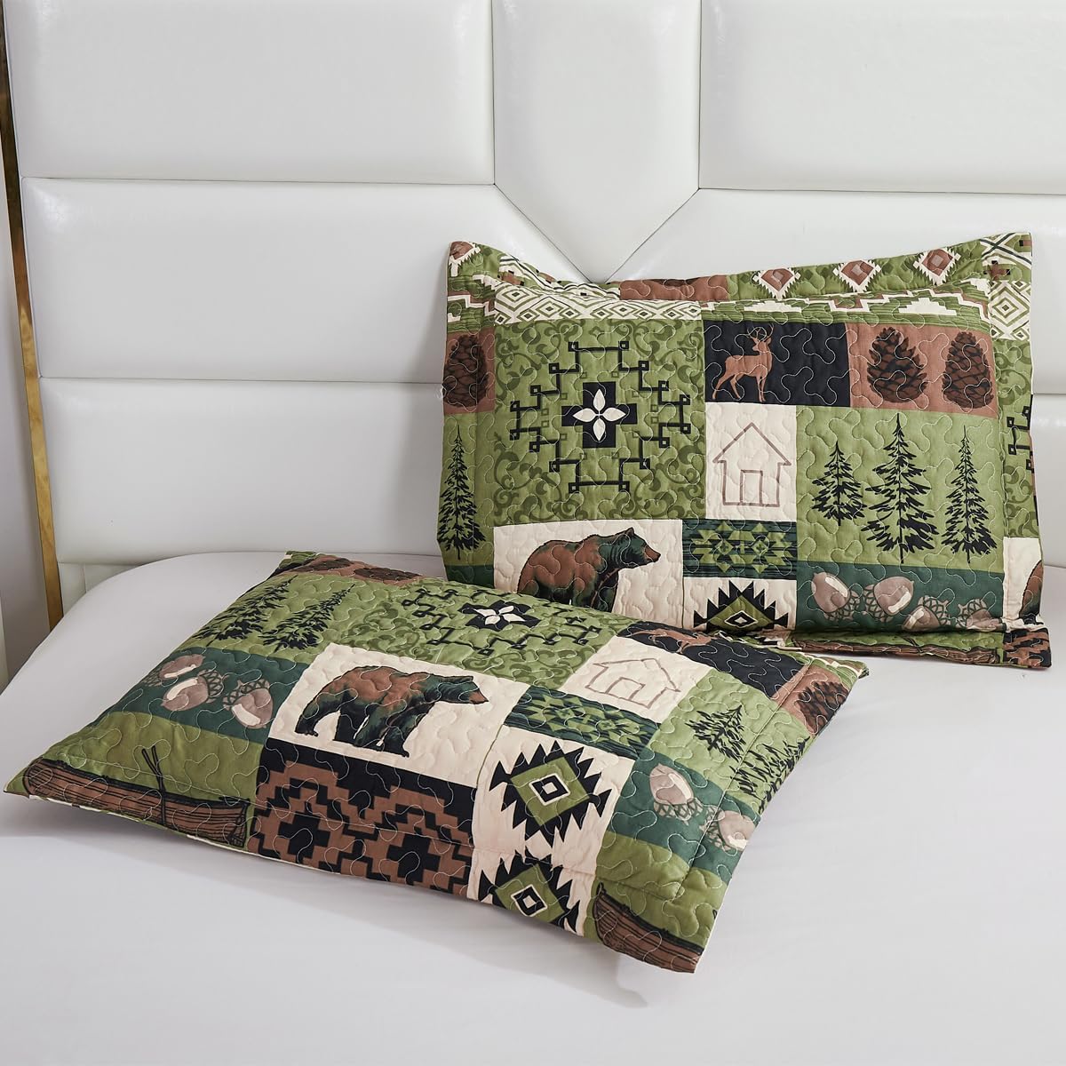 Oliven 3 Pcs Cabin Bedding Quilt Full/Queen Size Lodge Moose Bear Quilt Set Green Brown Patchwork Rustic Bedspread Forest Coverlet All Seasons Plaid Bed Cover with Pillow Shams - Image 5