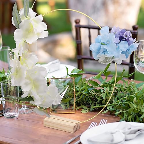 Miniatura 7 de Sntieecr 6 centros de mesa de aro floral de metal de 12 pulgadas para mesa con 6 soportes de madera, anillos de aro de corona dorados para coronas