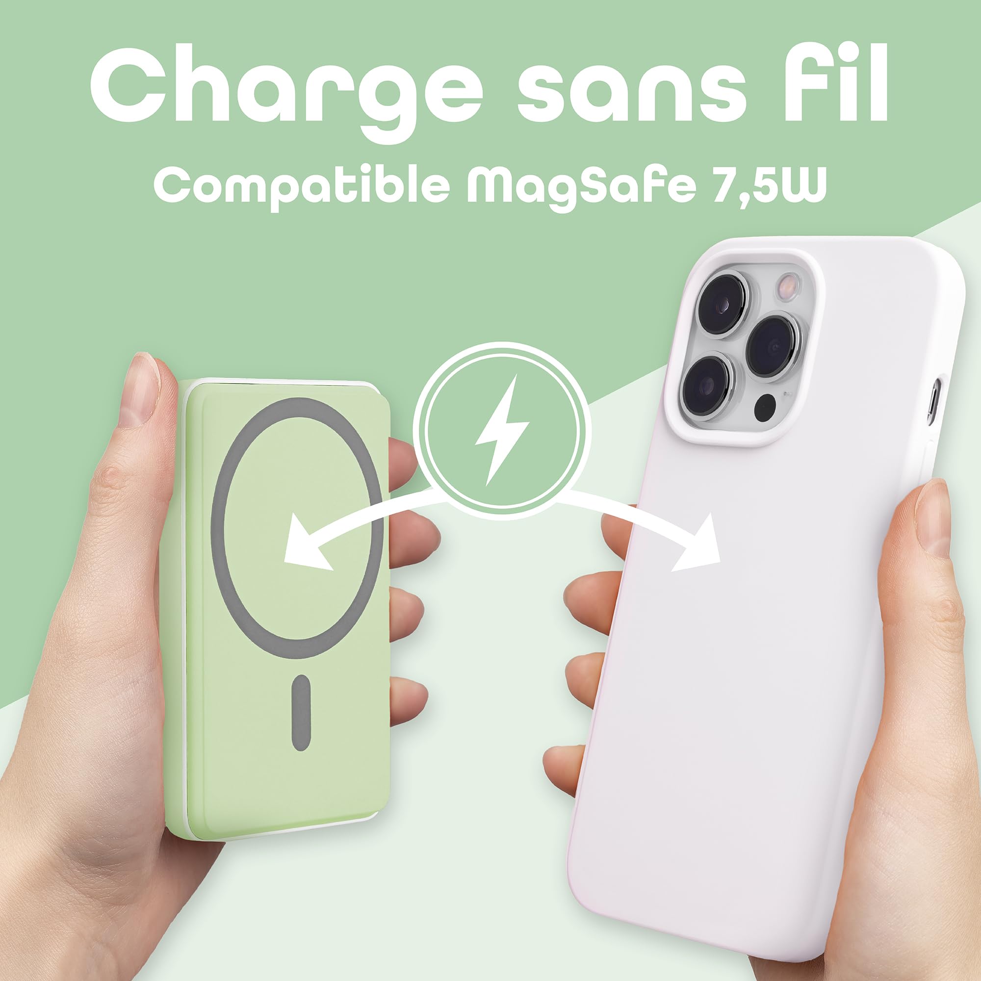 T'nB Pack Batterie Externe MagSafe 5000mAh Verte et Câble USB-C Magnétique 60W, Charge Sans Fil et Rapide USB-C, Compatible iPhone