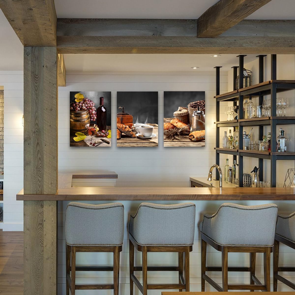 Acocifi Kitchen Canvas Wall Art Coffee and Red Wine Paintings Vintage Farmhouse Pictures Bread Grapes Fruit Prints Artwork Framed for Dining Room Bar Home Wall Decor, 12"x16"x3 Panels