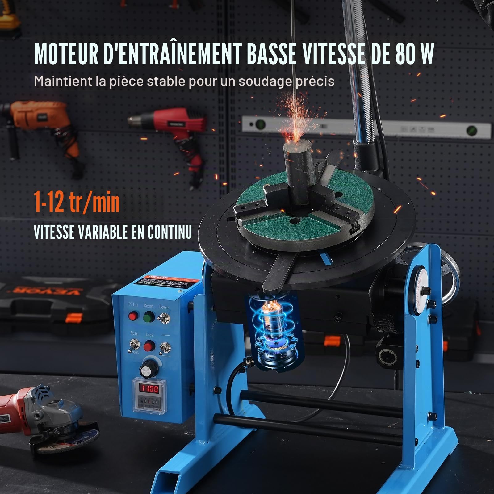 VEVOR Positionneur rotatif de soudage 30 kg, table tournante de positionnement de soudage 0-90° 1-12RPM 80W, avec mandrin de tour à 3 mâchoires de 31,4 cm et support de torche de soudage pour coupe,