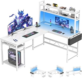 Devoko Gaming Tisch Eckschreibtisch 160x120 cm - LED-Beleuchtung, 2 Steckdosen + 2 USB-Anschlüsse, weiß - Computertisch mit Stauraum für Gamer & Homeoffice