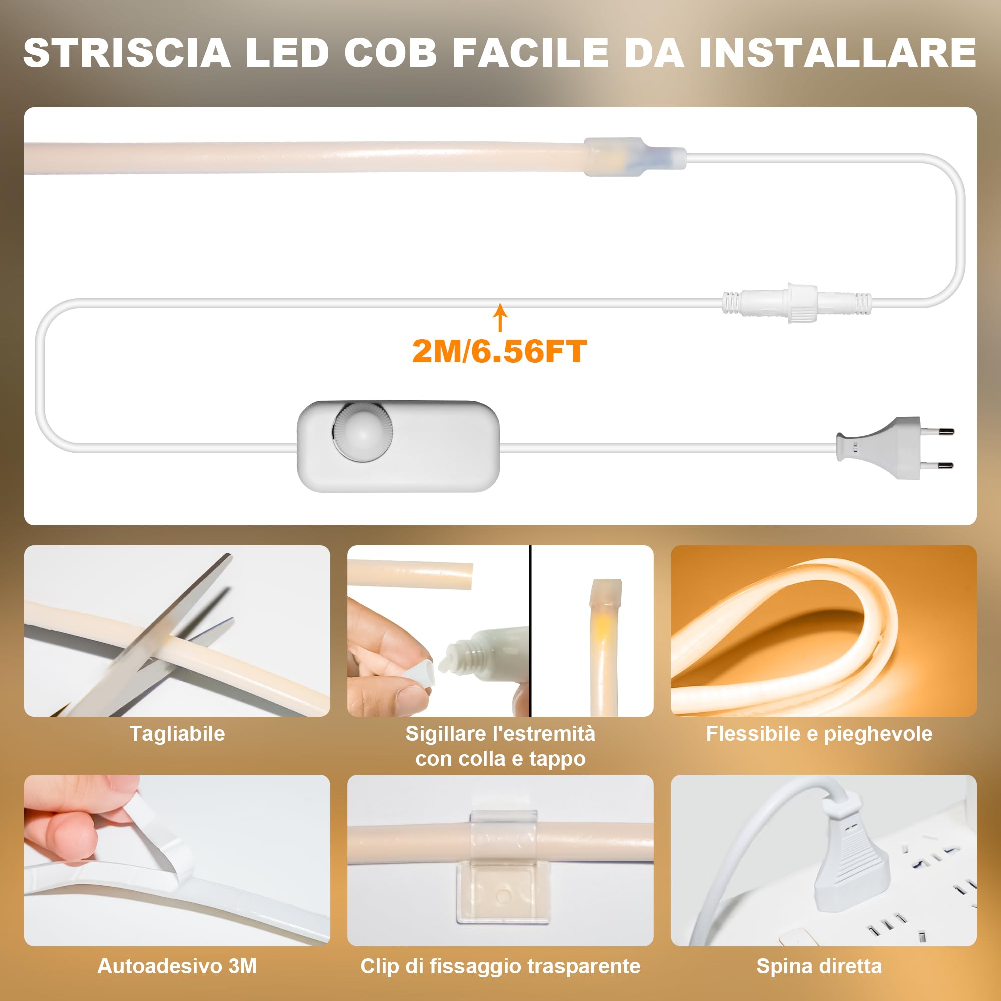 Gliztech Tira LED COB Exterior Impermeable IP67 Enchufe Directo AC 220V, Tira LED para Exteriores con Controlador de Doble Fusible, Luz LED Adhesiva para Jardín, Decoración Comercial (30M, 2700k)
