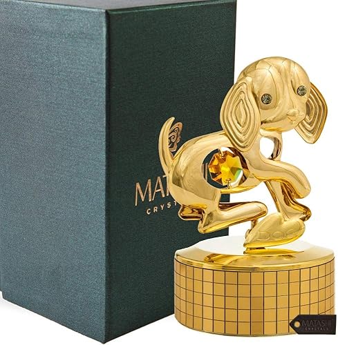 Matashi Caja de música de cachorro chapada en oro de 24 quilates, reproduce "memoria", adorno de mesa dorado con cristales, ideal para el día de la