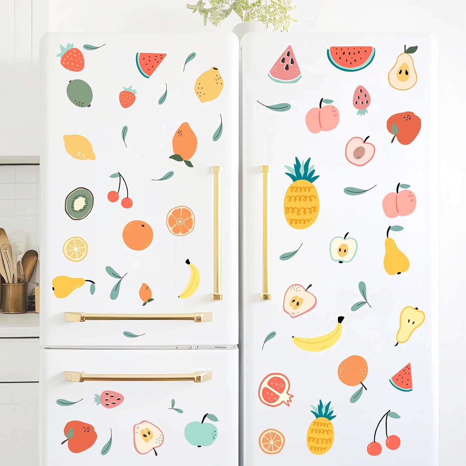 Colorful Fruit Wall Decals Peel and Stick Cartoon Fruit Wall Stickers Cute Small Fruit Leaf Wall Sticker Multicolor Summer Fruits Wall Decals for Nursery Kitchen Kids Room Decor