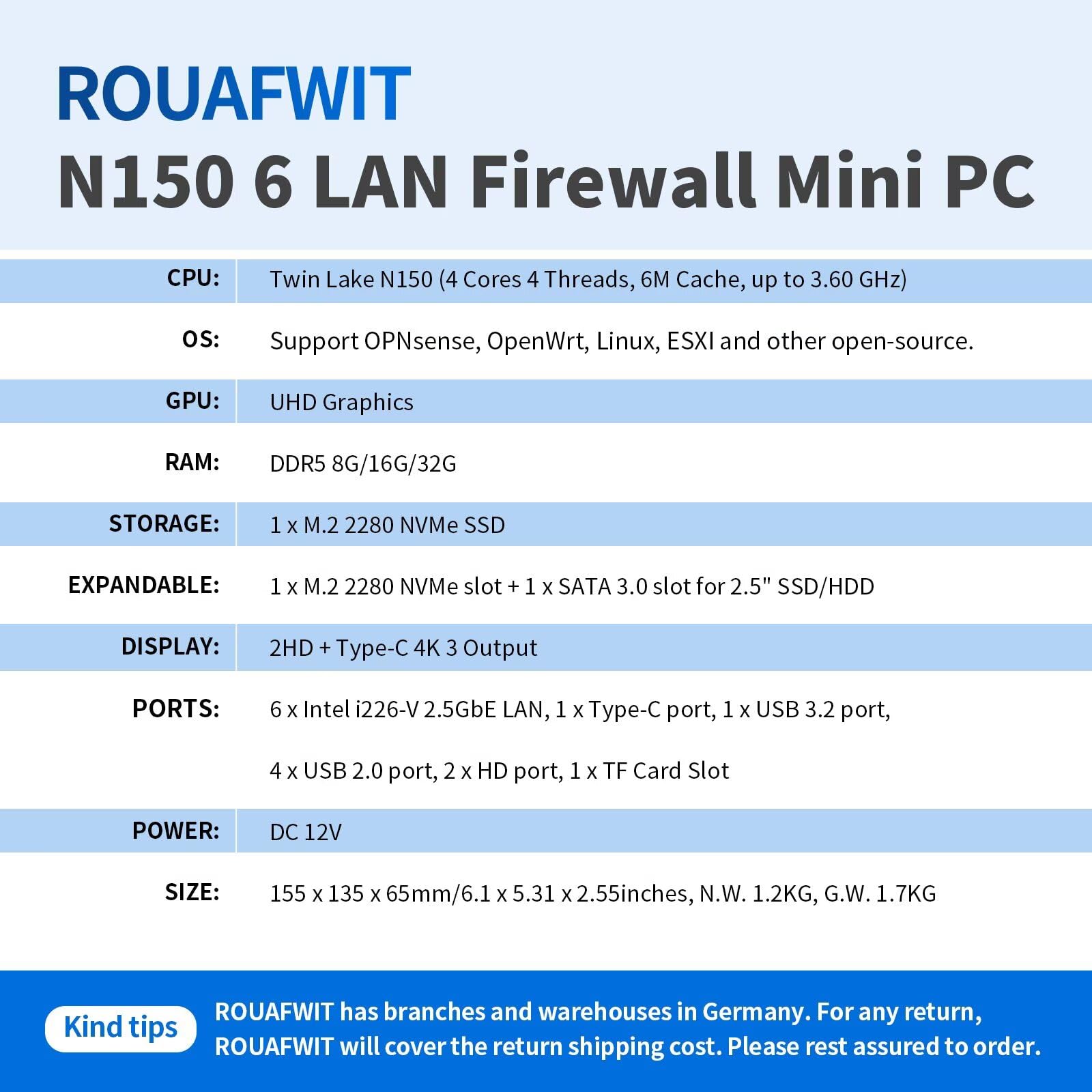 Micro Firewall N150 Fanless Mini PC, DDR5 8GB RAM 128GB SSD Router Appliance Computer, Support OS, OPNsense, 6 x 2.5Gbe i226-V Ethernet, TF, Type C, AES-NI