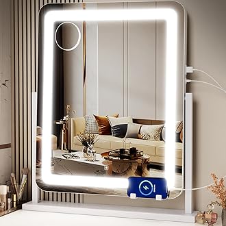Makeup Vanity Mirror with Lights - 22" Large LED Lighted Mirror with 10X Magnification and USB Charging Port, Phone Holder, Smart Touch 3 Colors Dimmable, 360° Rotation, White
