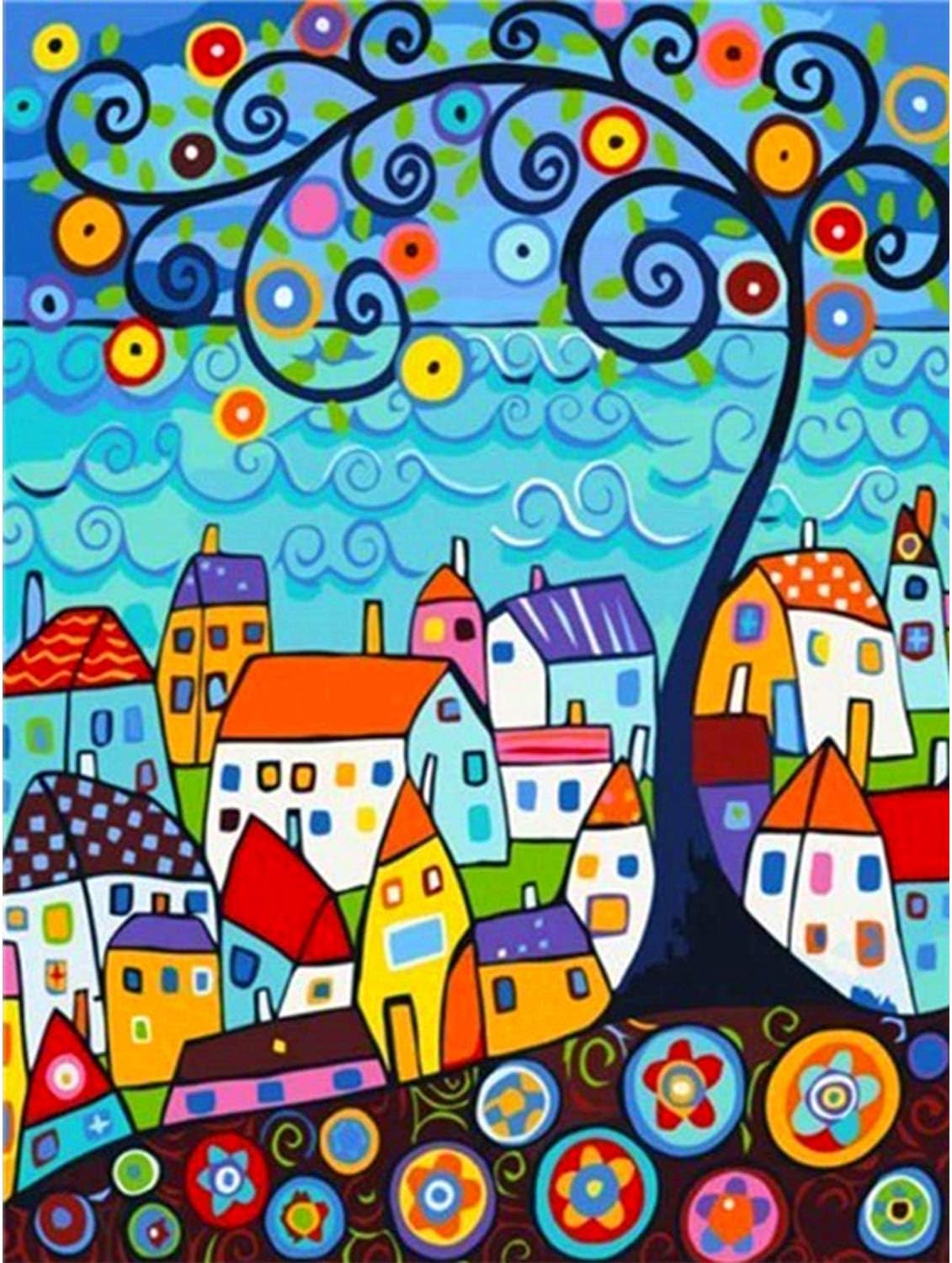 Huacan 5D Diamond Painting Kits for Adults Full Square Drill Flowers Town and Tree Crystal Rhinestone Embroidery Cross Stitch Arts Craft Home Wall Decor Room Sticker Gift 30x40cm/11.8x15.7in