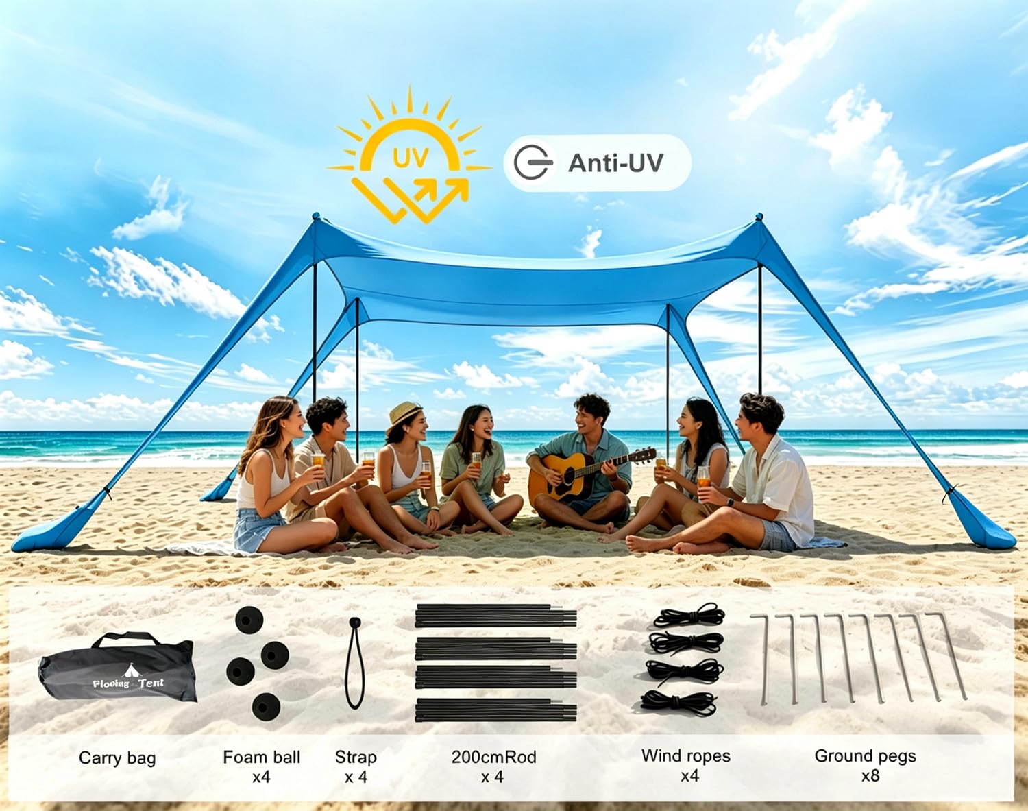 Plażowa markiza namiotowa 10 x 10 FT plażowy filtr przeciwsłoneczny anty-UV przenośny parasol dla 5-8 osób (niebieski-XL)
