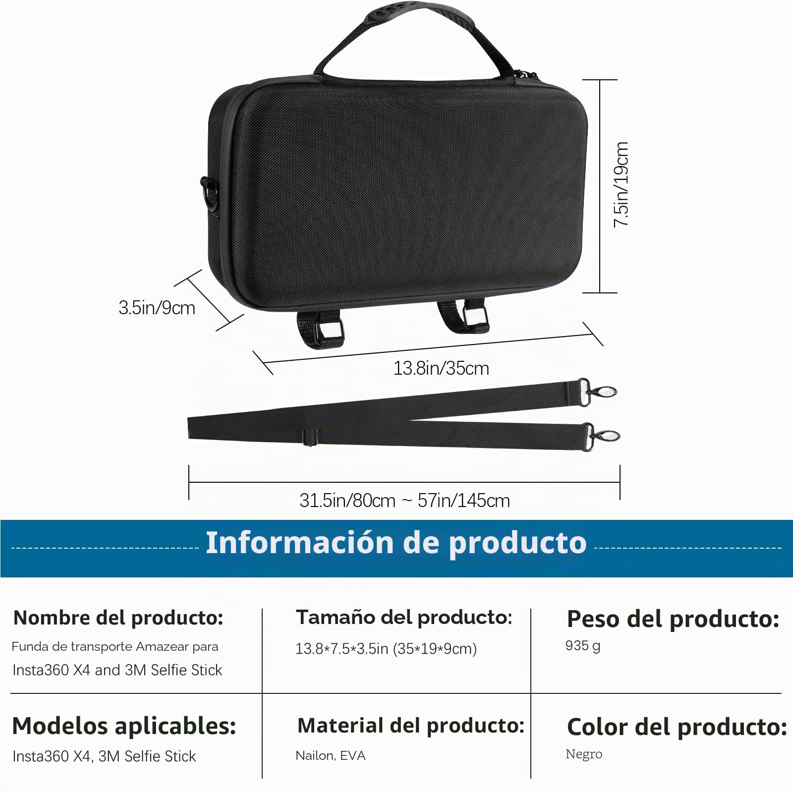 AMAZEAR Funda para Insta360 X5/X4 Air Accesorios, Bolsa Transporte Impermeable, Bolso Bandolera portátil para Insta360 X5 / X4 Air, Compatible con Palo Selfie 3M 9,8ft, Totalmente Negro, Grande