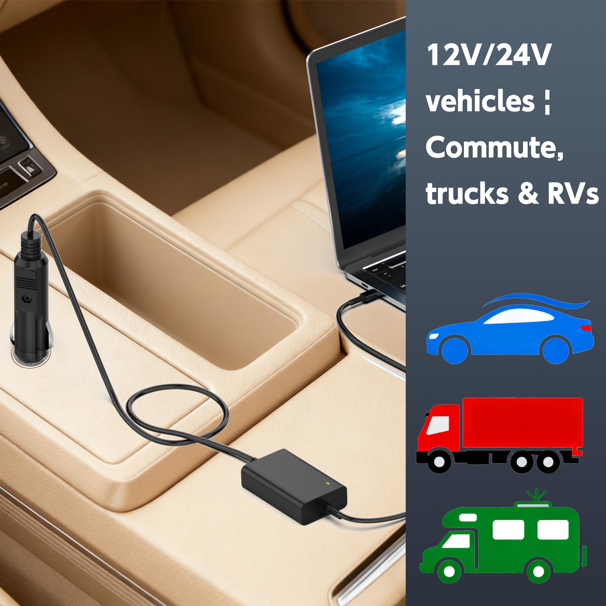 Chargeur de voiture USB C 100 W pour ordinateurs portables USB-C PD, adaptateur d'alimentation de voiture 12-24 V compatible avec Lenovo/HP/Dell/Acer/ASUS/ThinkPad/MacBook, câble de charge de voiture