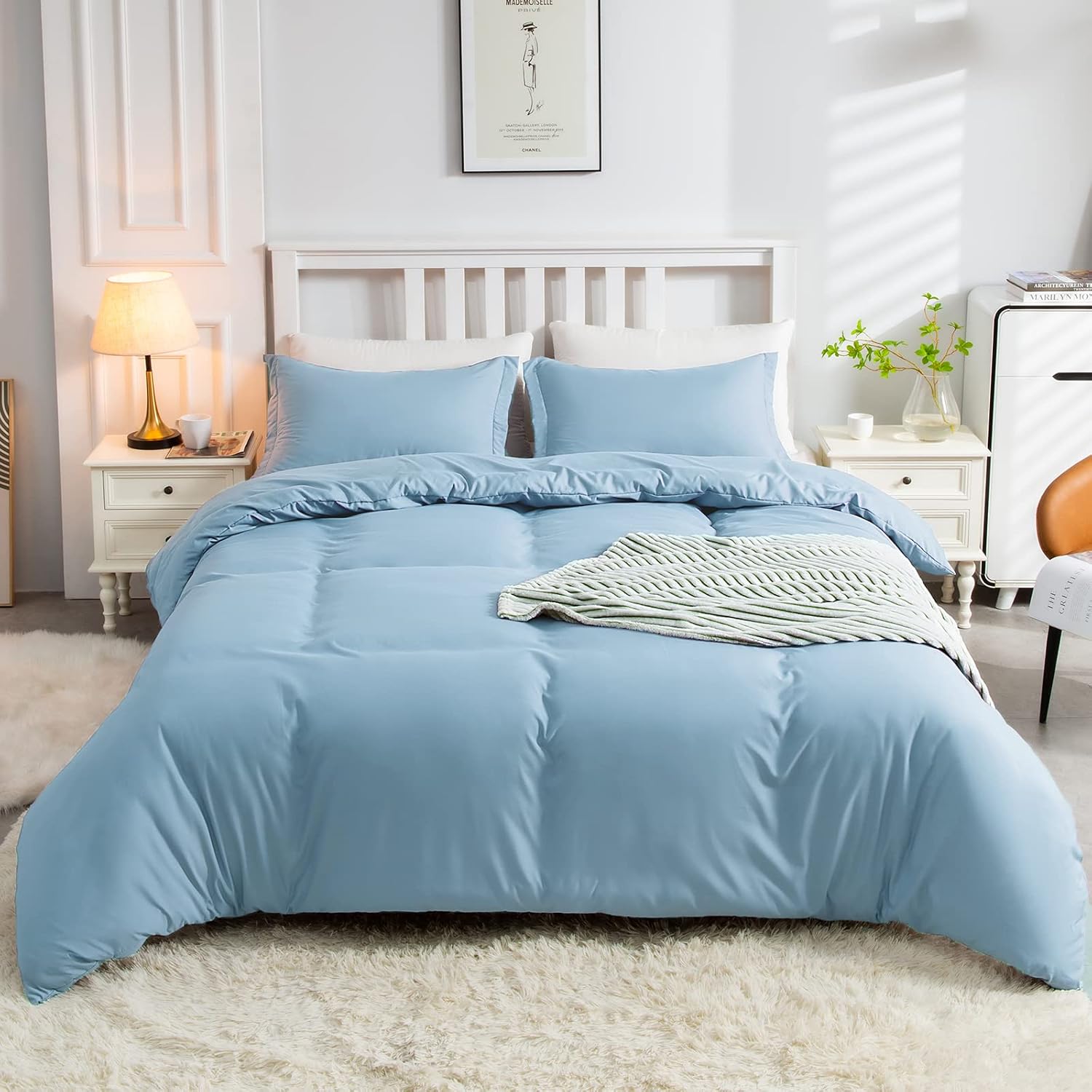 Blue Duvet Cover Queen Size Set, Soft Comfy Queen Duvet Covers Wrinkle-free 3 Pcs (1 Bedding Duvet Cover, 2 Pillowcases) with Zipper Closure & Corner Ties, No Comforter(Queen, Grayish Blue)