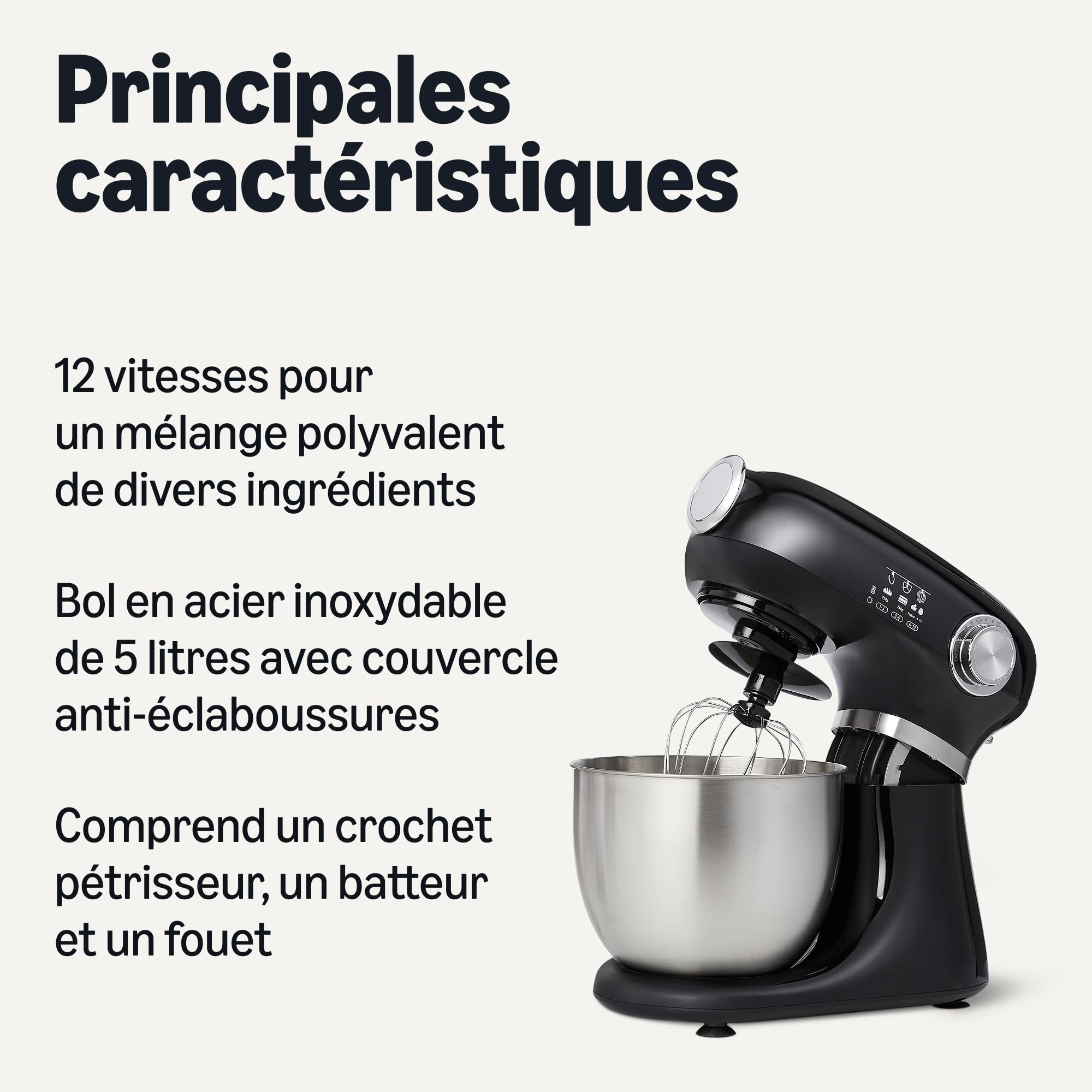 Amazon Basics Batteur sur pied, pétrisseur et mélangeur, bol de 5 L, avec 12 vitesses et impulsion, 1 000 W, Taille L, Noir
