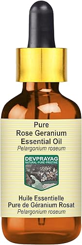 Devprayag Aceite esencial de geranio rosa puro (pelargonium roseum) con gotero de vidrio, grado terapéutico natural, destilado al vapor, 0.5fl oz