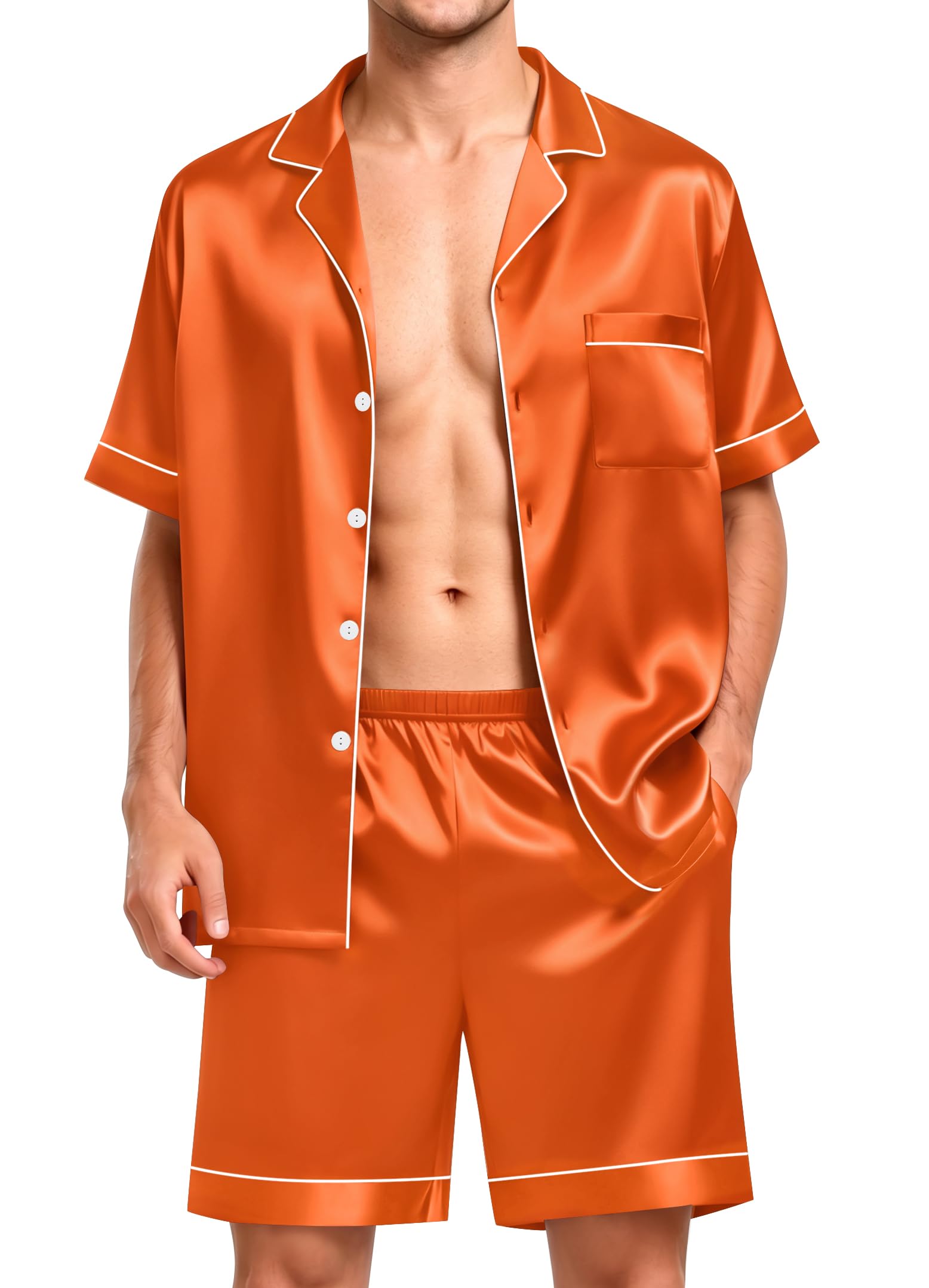 SWOMOG Men Satin Silk Pajamas Sets Short Sleeve Sleepwear Button-Down PJs Sets Two-Pieces Loungewear with Pockets