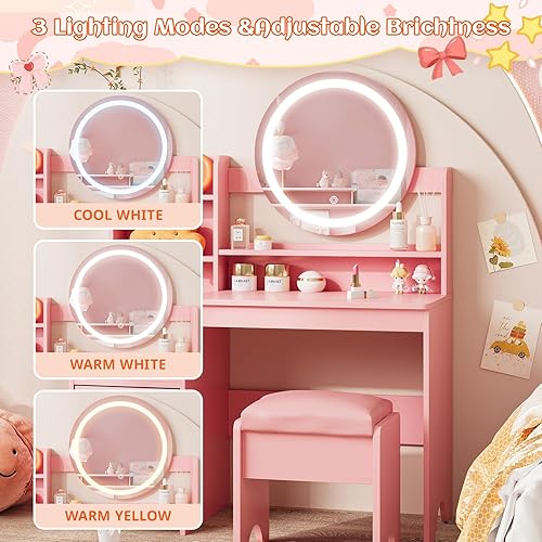 Vista 3 de Vabches Tocador para niños con luces, escritorio de maquillaje de princesa con estantería abierta, armario de almacenamiento y estantes, juego