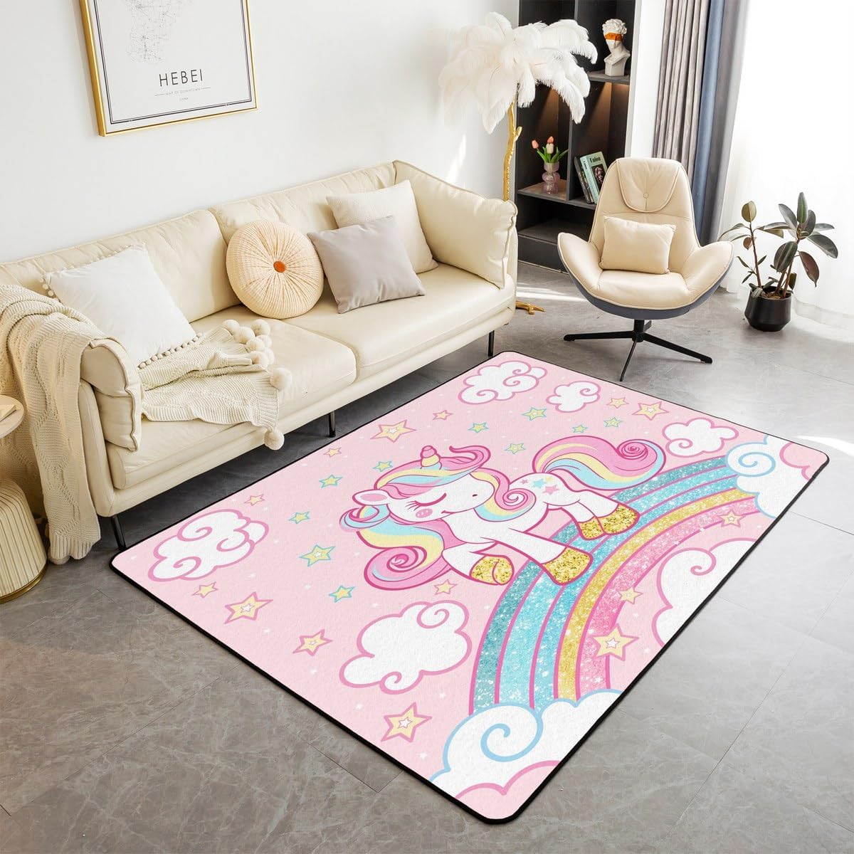 jejeloiu Unicorn Living Room Rugs for Bedroom Area Rug 3x5,Star Print Rainbow Kids Decor Carpet for Girls Decor Carpet,Cute Animal Kids' Non-Slip Cute Unicorn Indoor Floor Mat,Rainbow Accent Rug