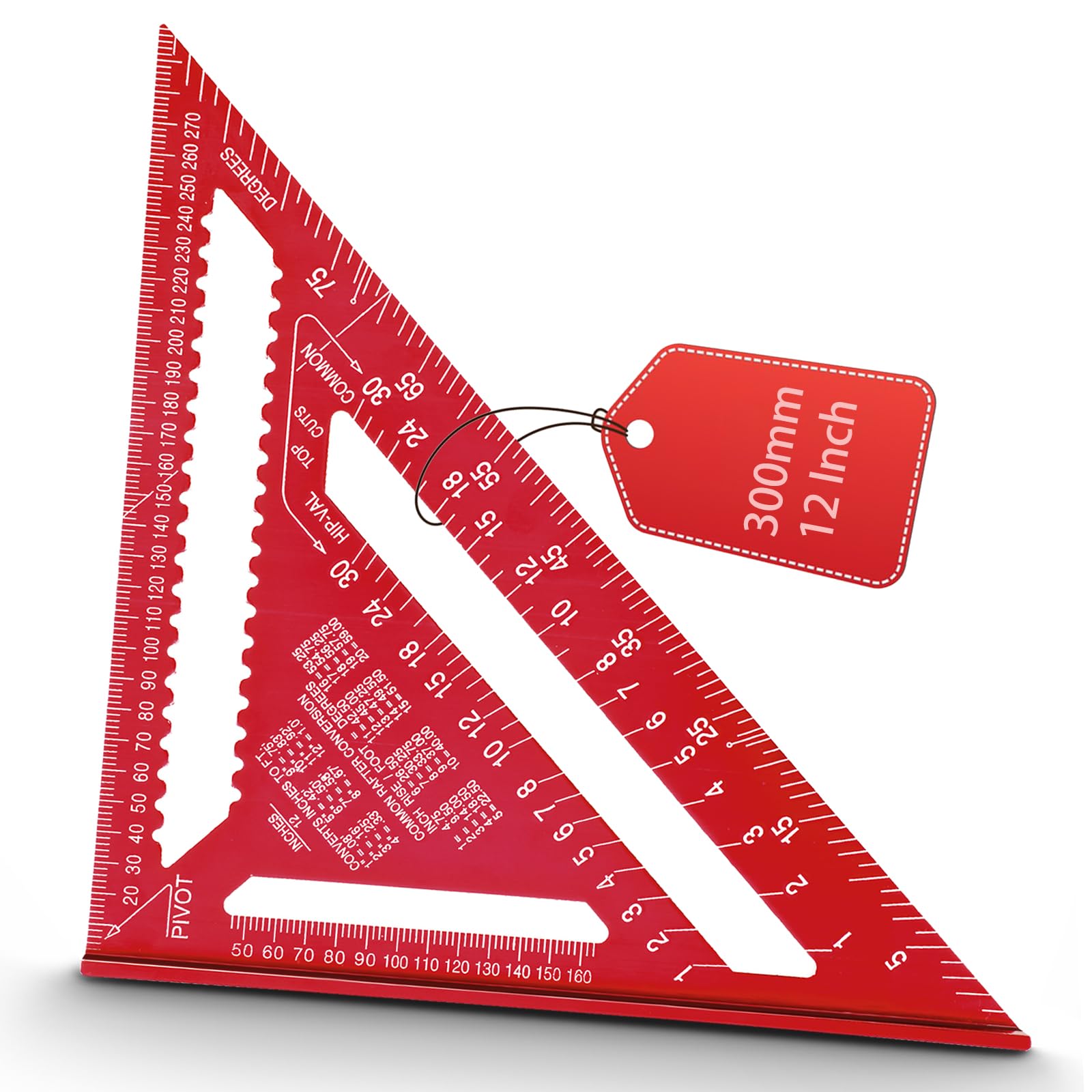Escuadra Carpintero Metálica 12 Pulgadas/300 mm, Regla Triangular de Aluminio de Alta Precisión para Carpintería y Medición de Ángulos (Rojo)