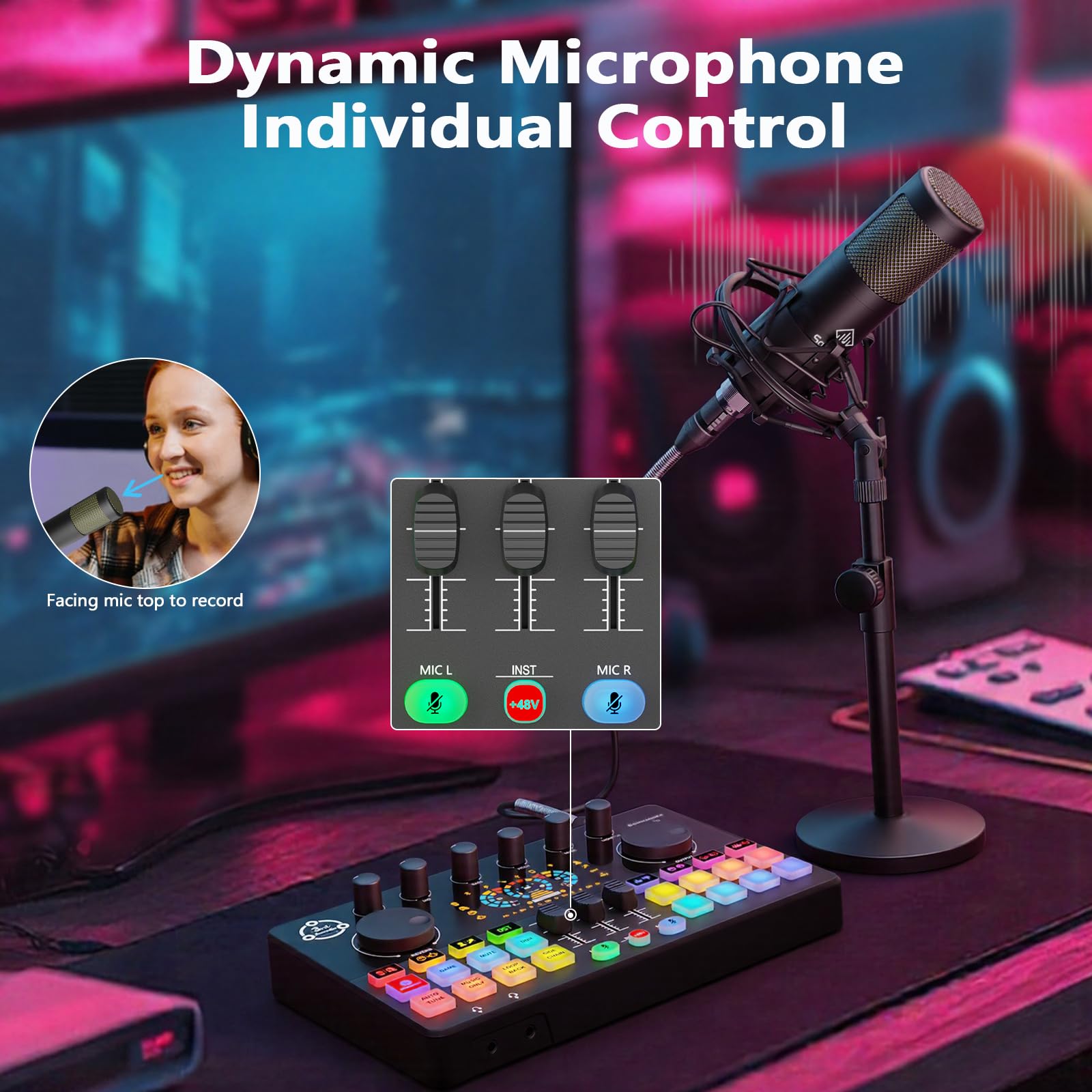Podcast-Ausrüstungs-Set für 4, Audio-Interface mit 4 dynamischen Mikrofon, 4 Desktop-Mikrofonständer, Sprachwechsel, RGB, DJ-Mixer für Gesangsaufnahmen, Podcasting, Streaming, Singen TikTok, Commander