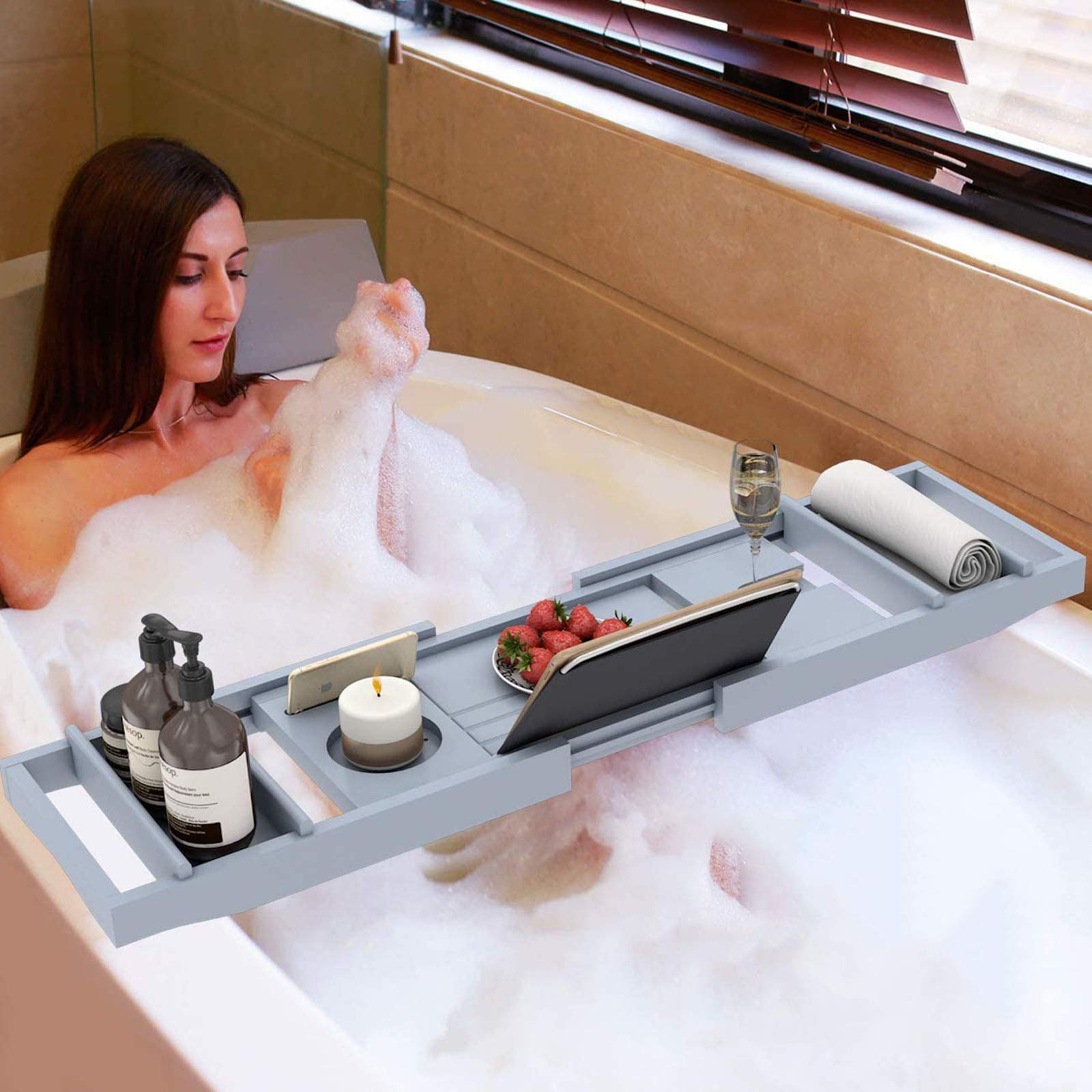 Bandeja Ajustable de bambú para bañera Incluye bandejas de SPA Desmontables y Soporte para jabón Accesorios para bañera de bambú Bandeja de Servicio de bañera intrincada y Natural
