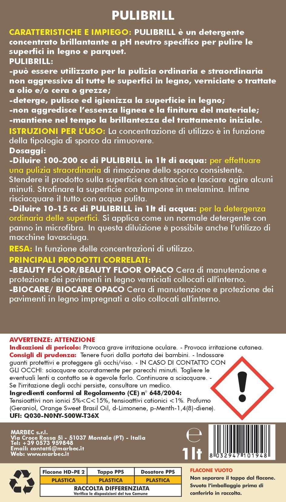 MARBEC PULIBRILL 1LT Detergente concentrato specifico per pavimenti in legno e parquet