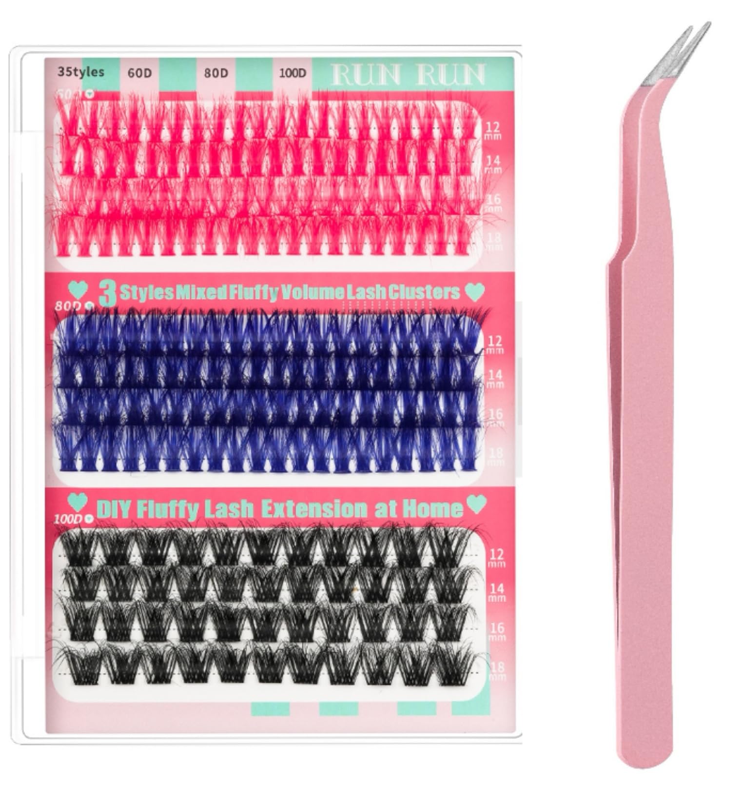 Chunmeng 3-Color Eyelash Extension Kit, 60D/80D/100D Fluffy D-Curl Cluster Lashes - Fake Mink Volume Lashes for DIY, Includes 1 Pink Eyelash Curler