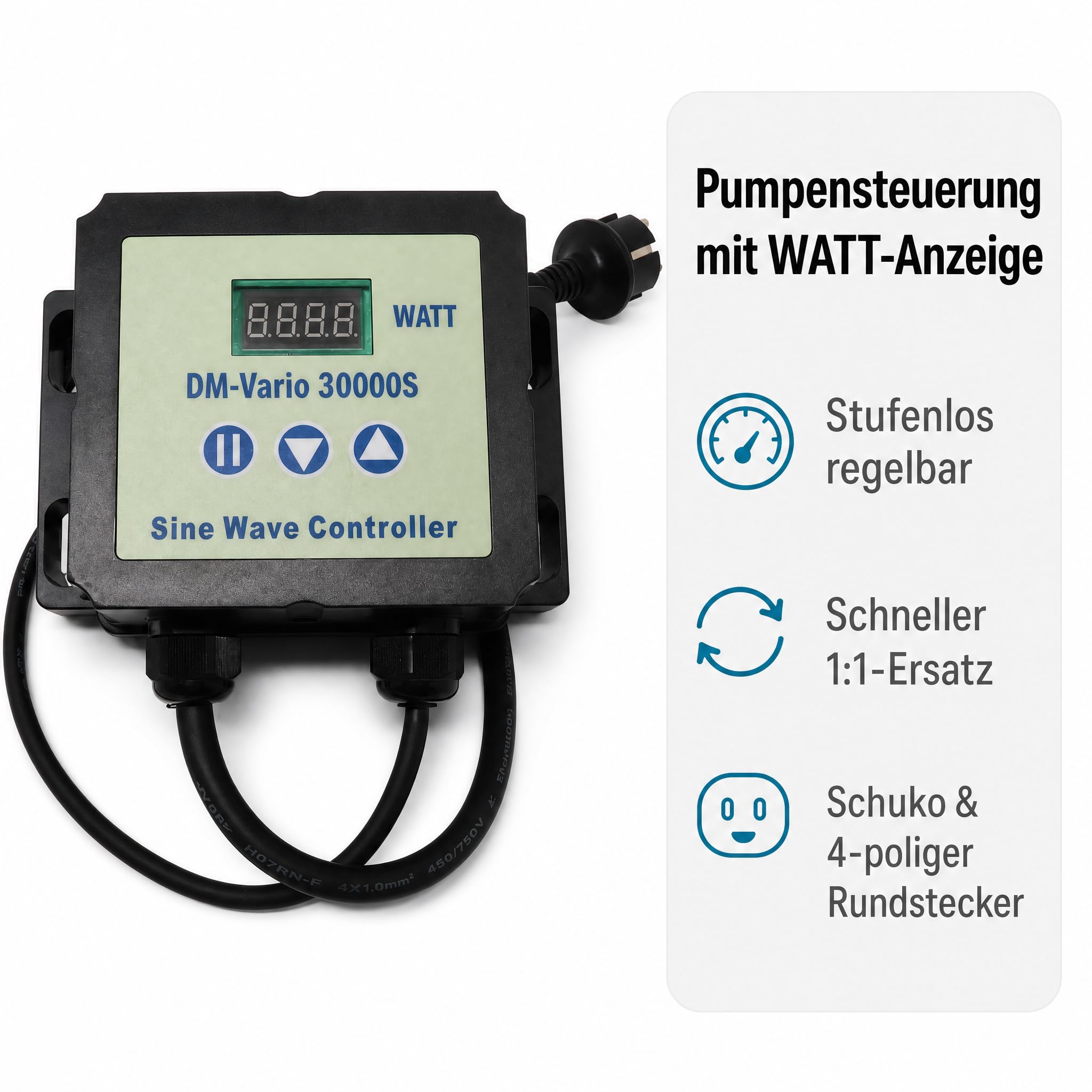 Pumpensteuerung kompatibel mit AquaForte DM‑Vario 30.000S, Sine‑Wave‑Controller mit WATT‑Anzeige, 3‑Tasten‑Bedienung, robustes Gehäuse mit Kühlrippen, Schuko‑Netzstecker & 4‑poliger Rundstecker